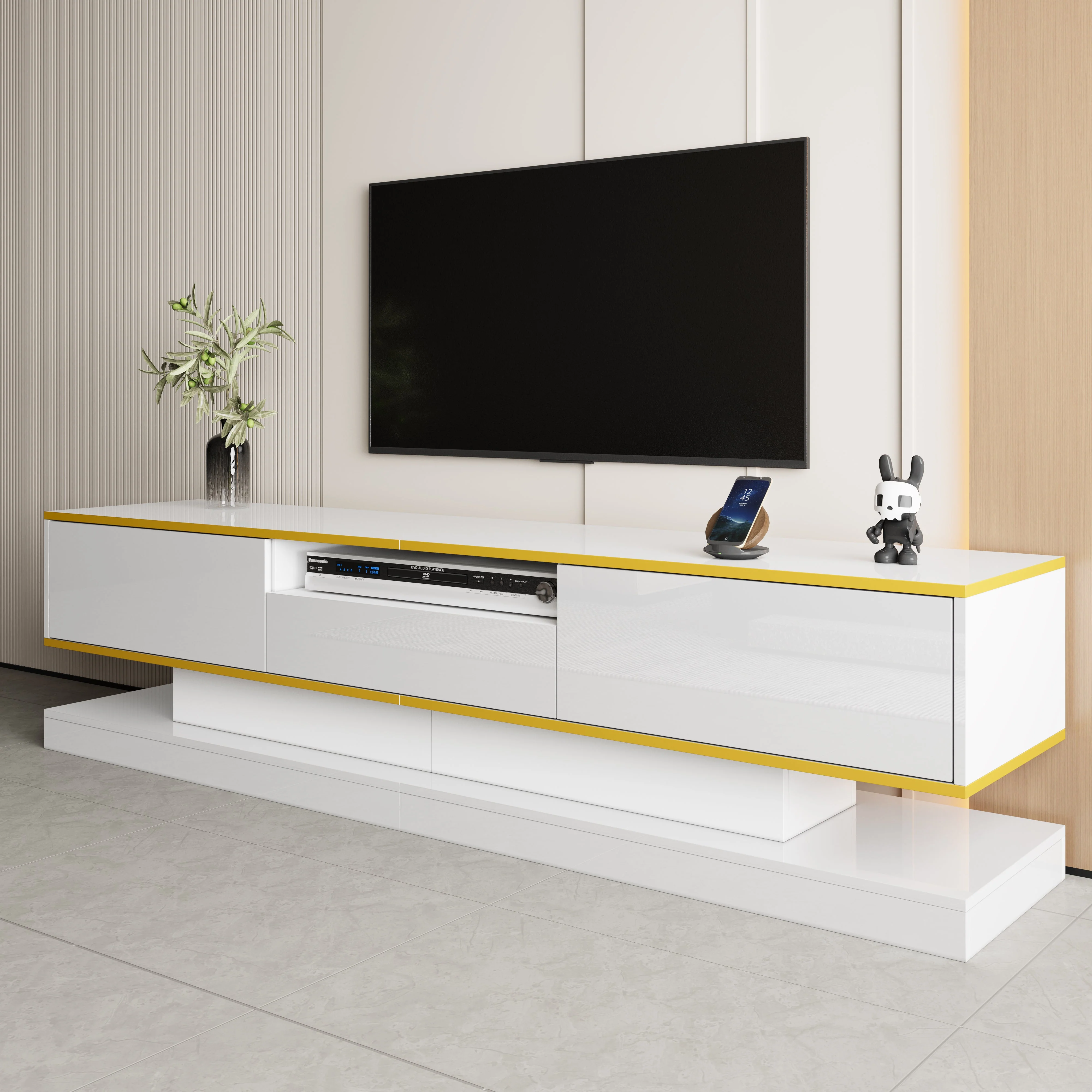 Modern TV Cabinet, 3 Drawers Open Compartment LED Lights 180x38x45cm, High Gloss - Image 3