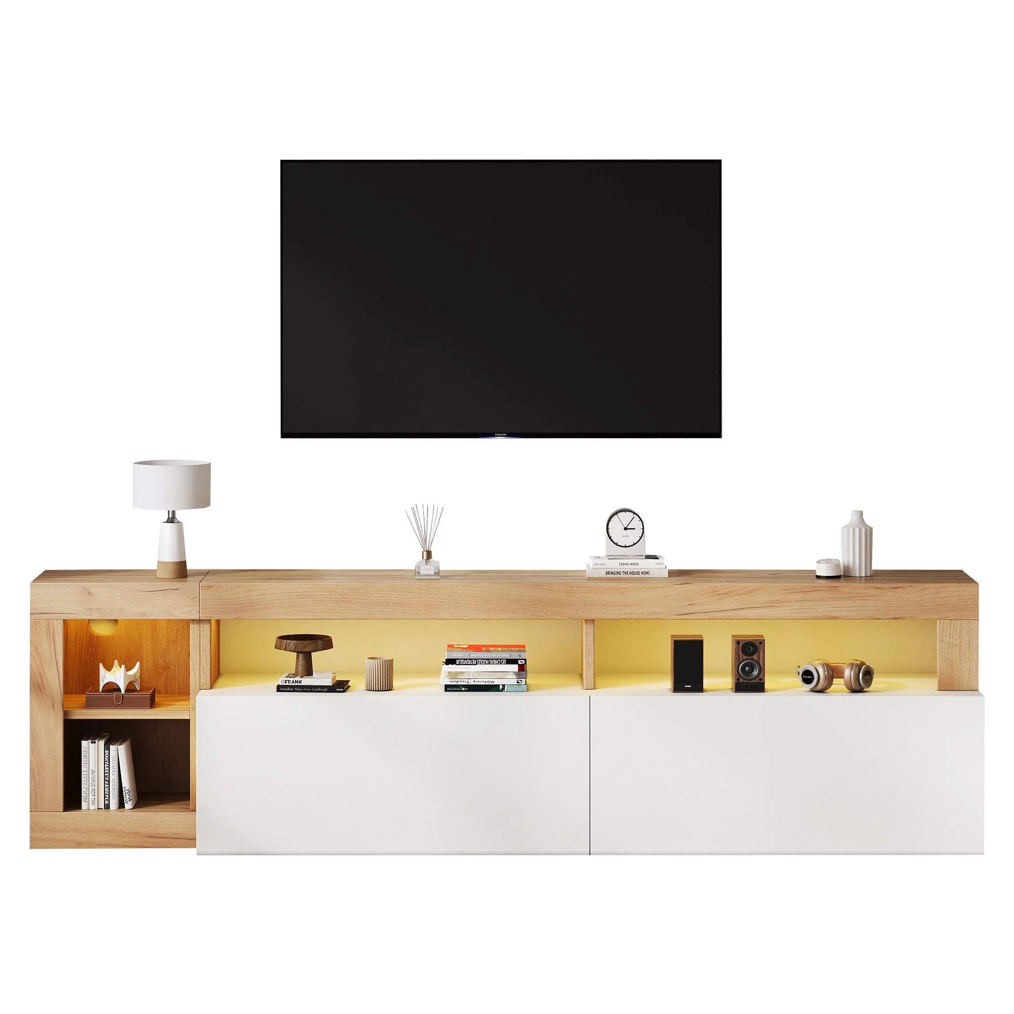 Modern TV Cabinet, 80 Inch, Open Storage, LED Light, Wooden Frame White - Image 2