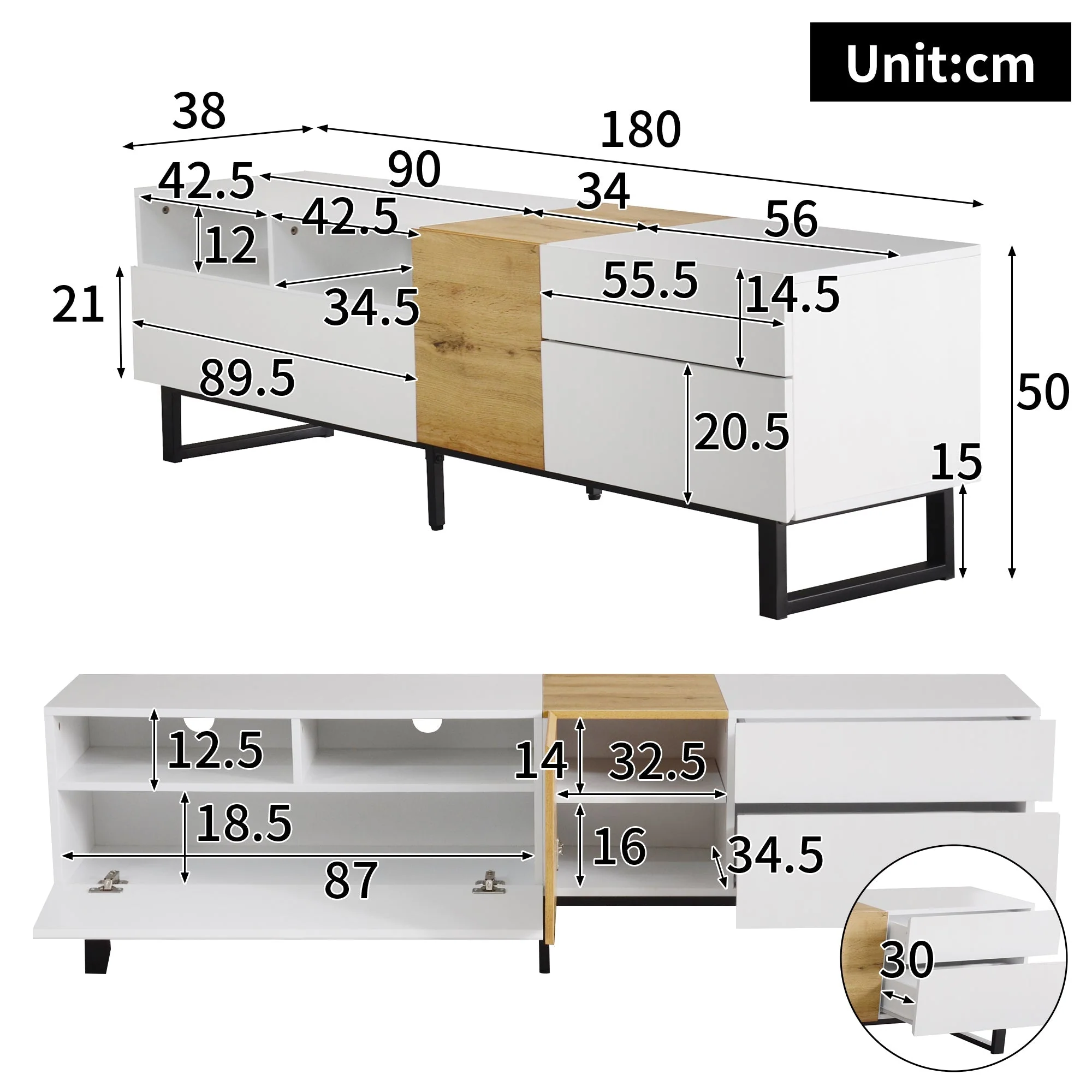 Modern TV Cabinet, Minimalist Design 180x50x38cm, White & Wood Look - Image 5