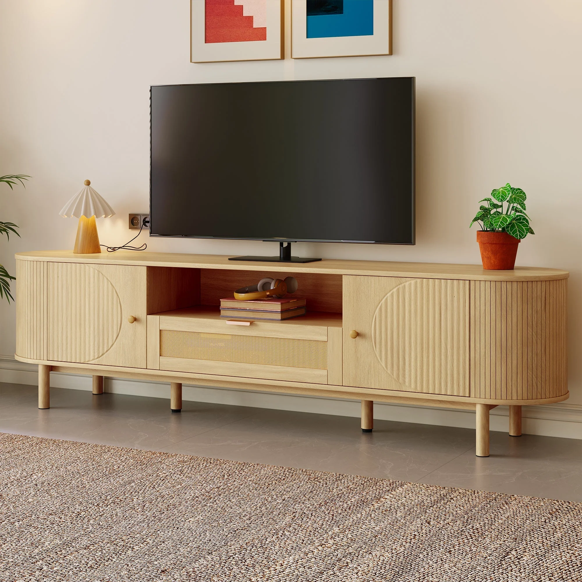 Modern TV Cabinet, Rattan Drawers Open Compartments Rounded Top, Wood Look Metal Legs - Image 3