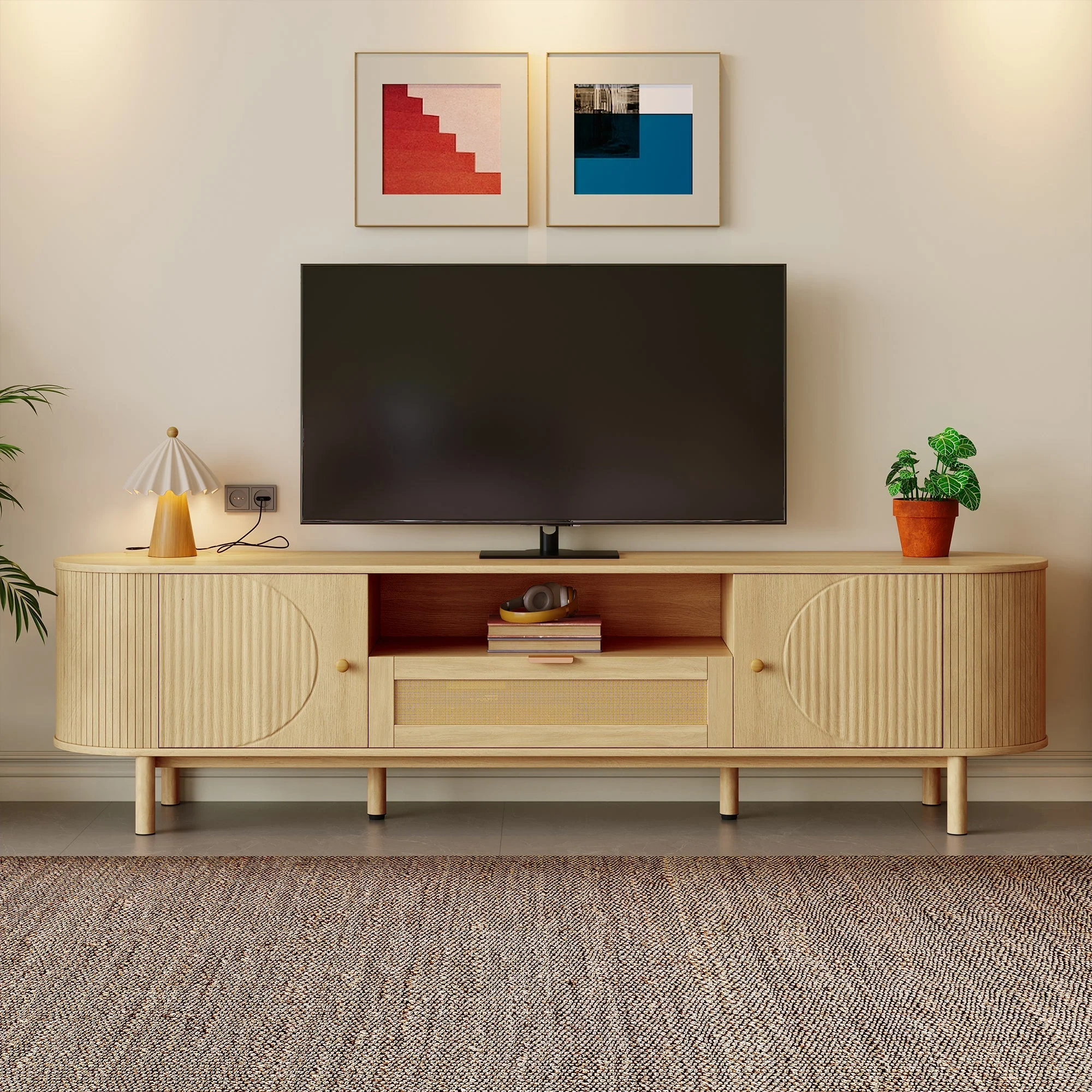 Modern TV Cabinet, Rattan Drawers Open Compartments Rounded Top, Wood Look Metal Legs - Image 4