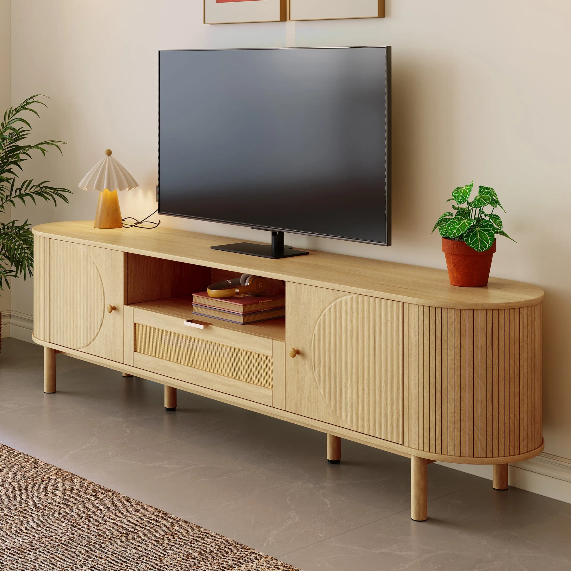 Modern TV Cabinet, Rattan Drawers Open Compartments Rounded Top, Wood Look Metal Legs - Image 5