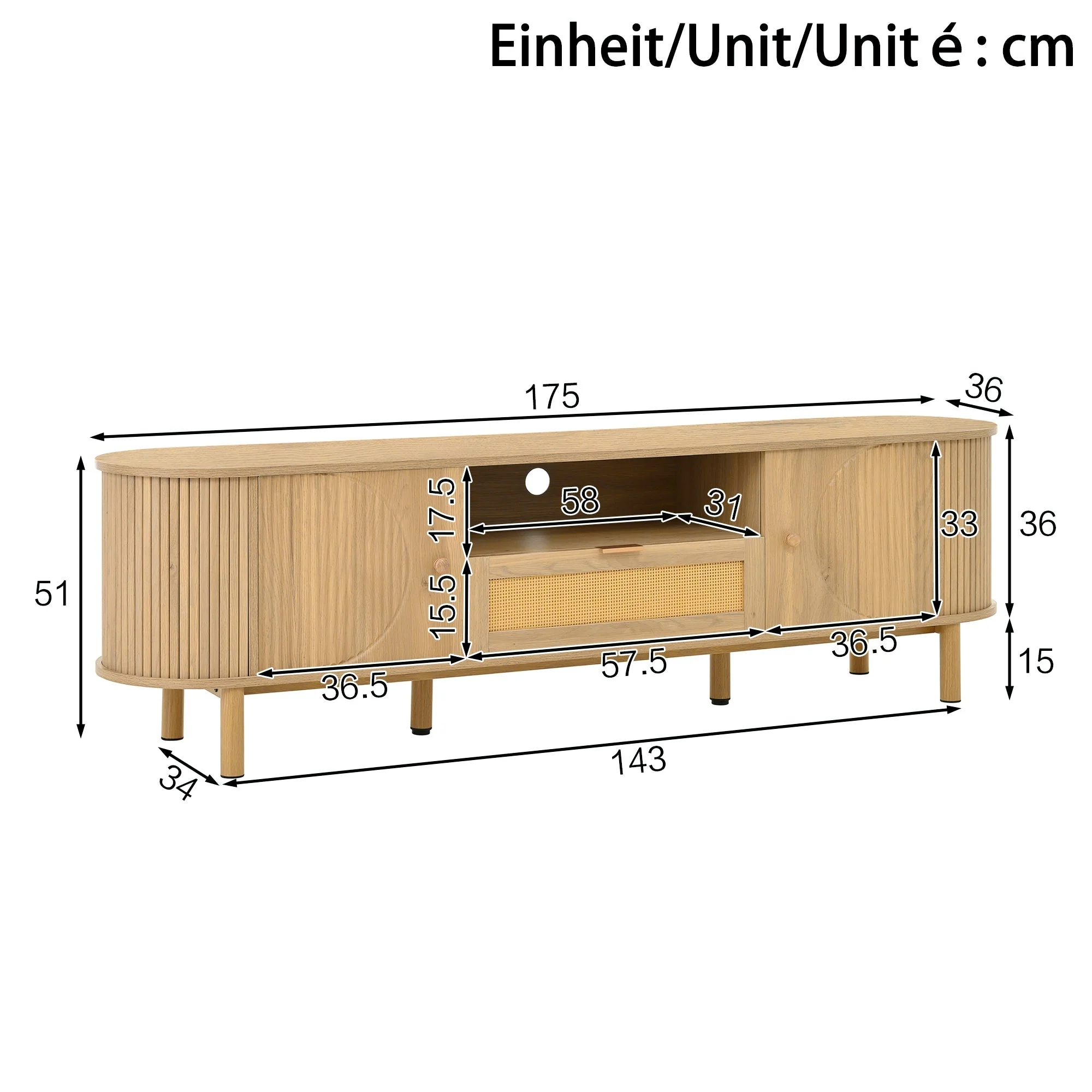 Modern TV Cabinet, Rattan Drawers Open Compartments Rounded Top, Wood Look Metal Legs - Image 7