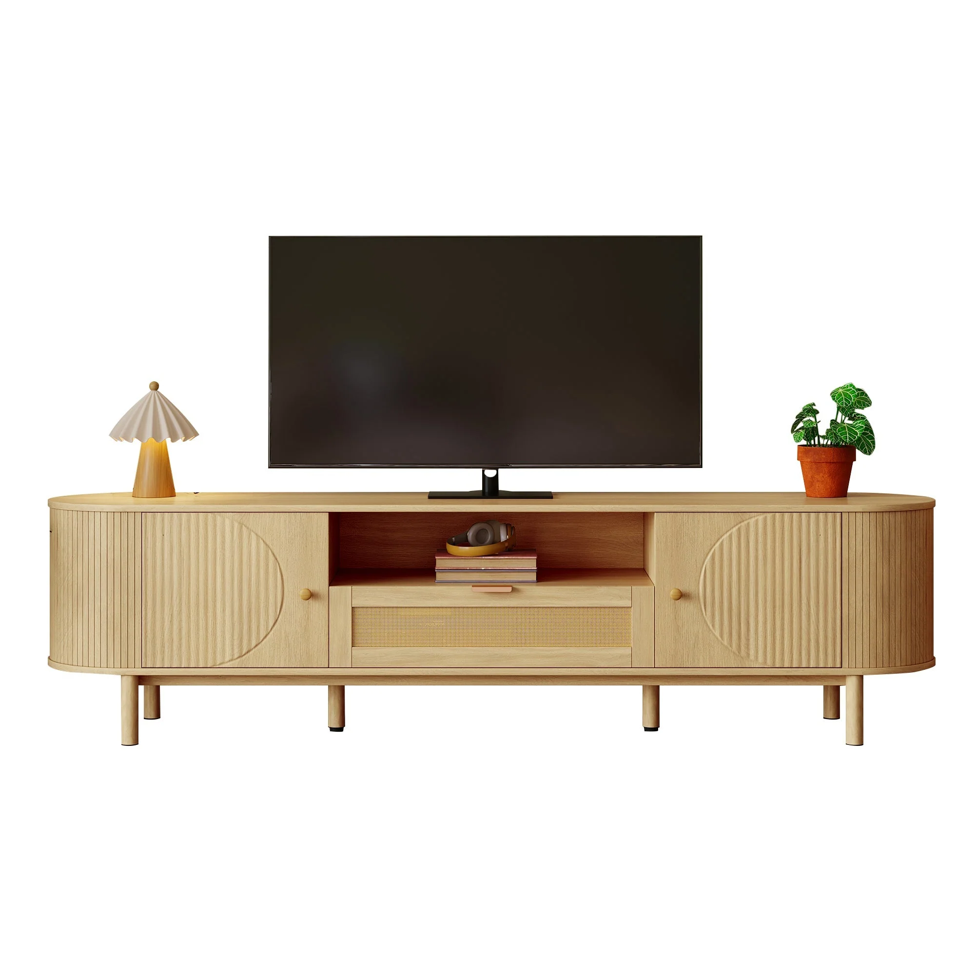 Modern TV Cabinet, Rattan Drawers Open Compartments Rounded Top, Wood Look Metal Legs - Image 8