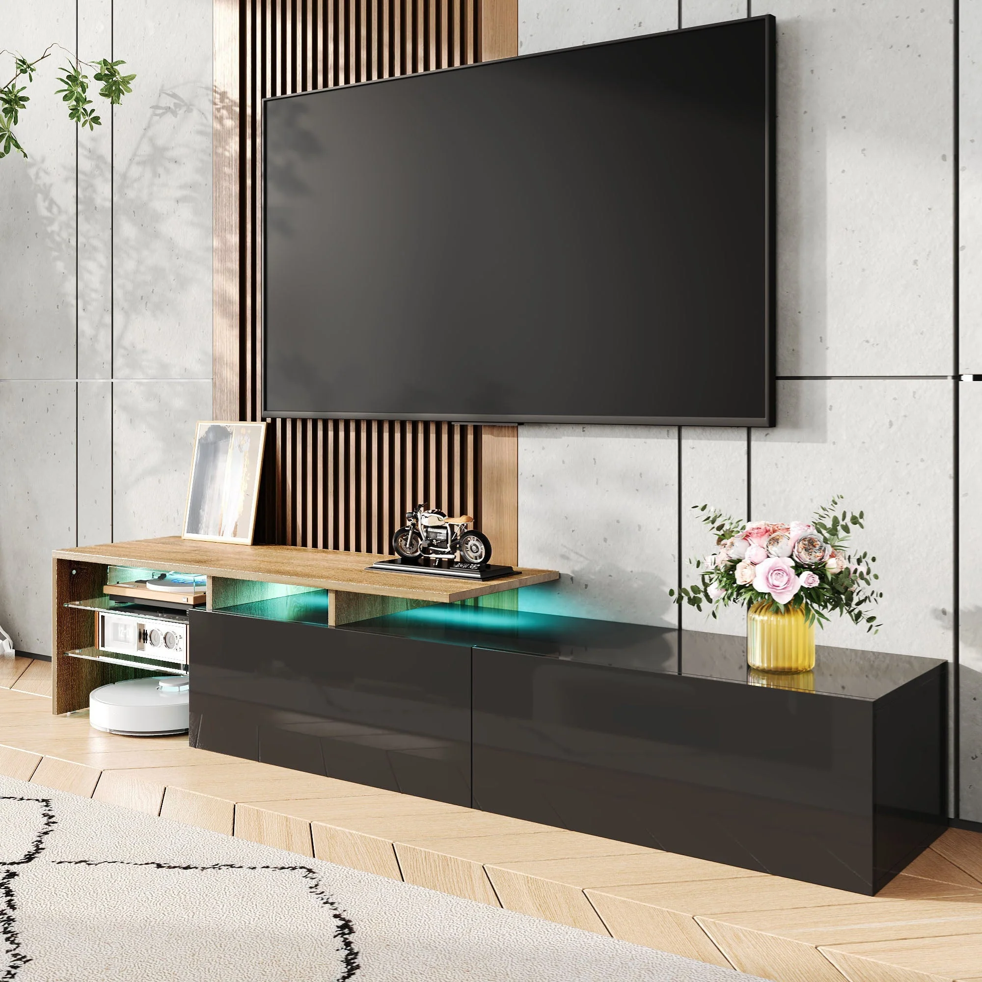Modern TV Cabinet: Stylish, Elegant, Storage with Glass Shelves, LED Lighting, Black and Wood - Image 2