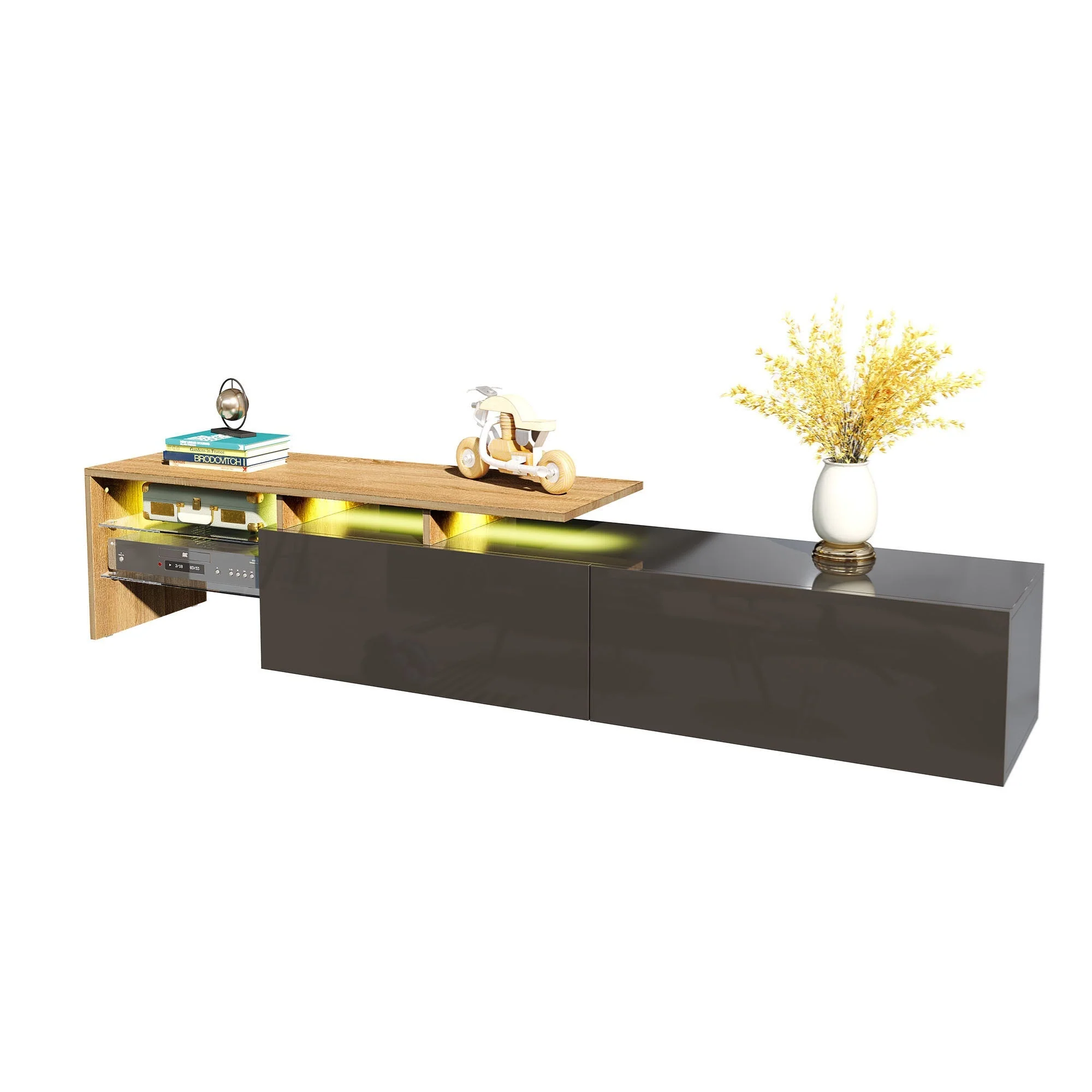 Modern TV Cabinet: Stylish, Elegant, Storage with Glass Shelves, LED Lighting, Black and Wood - Image 6