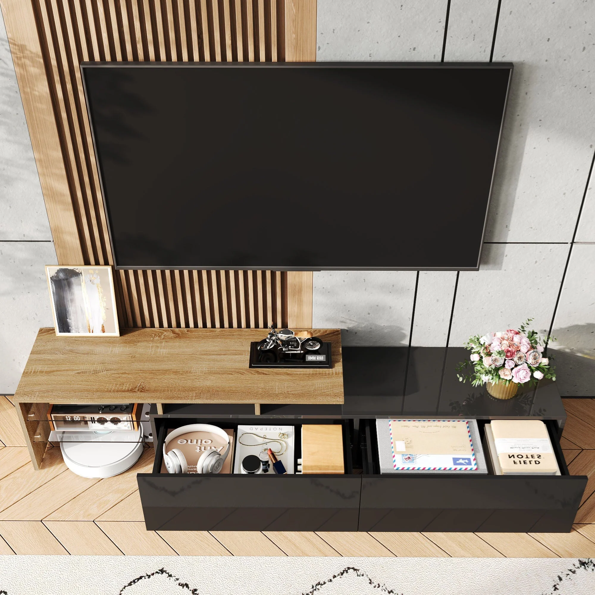 Modern TV Cabinet: Stylish, Elegant, Storage with Glass Shelves, LED Lighting, Black and Wood - Image 8