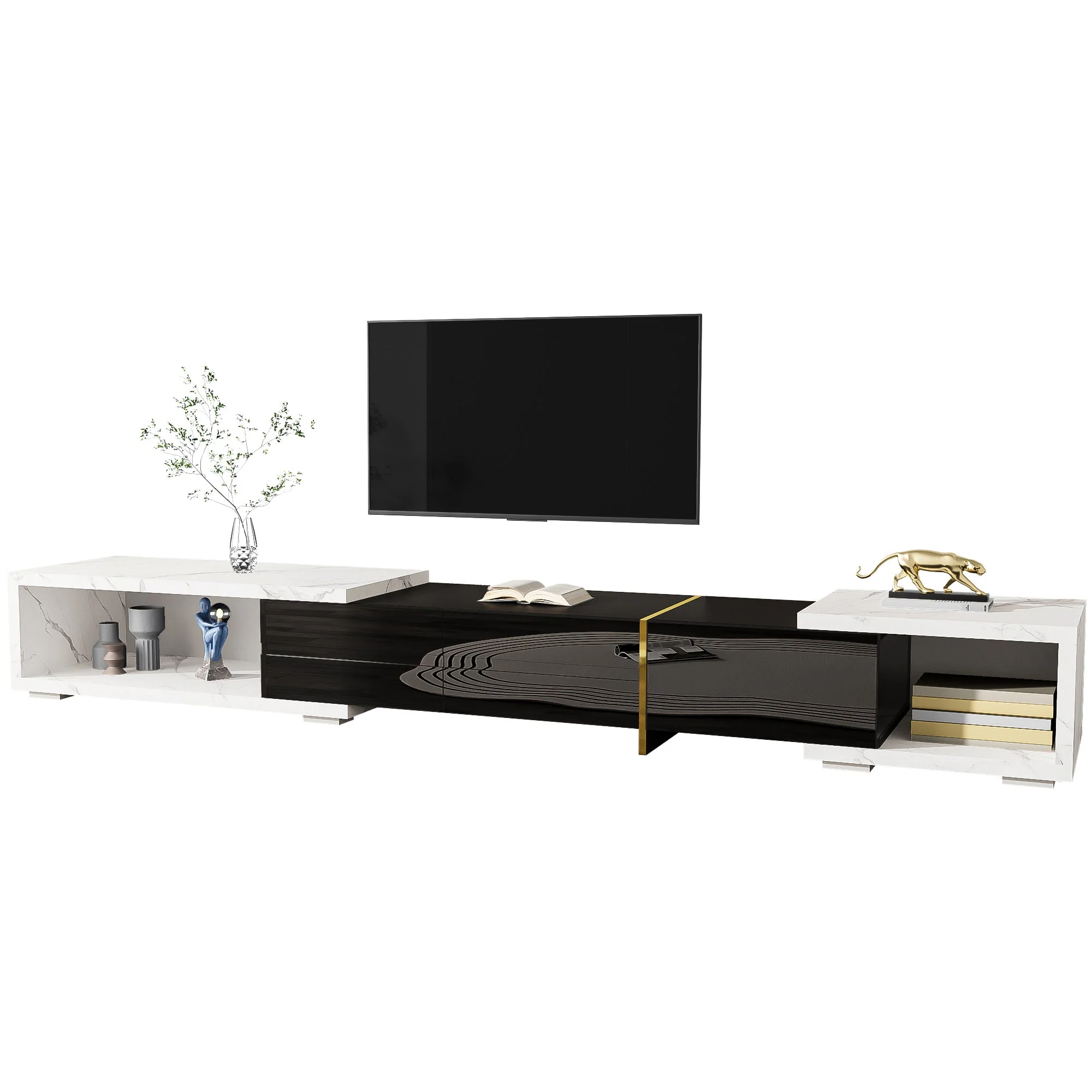 Modern TV Cabinet, Variable Length (140-260 cm) with Rotating Function, White Marble Look & Black High-Gloss Finish - Image 2