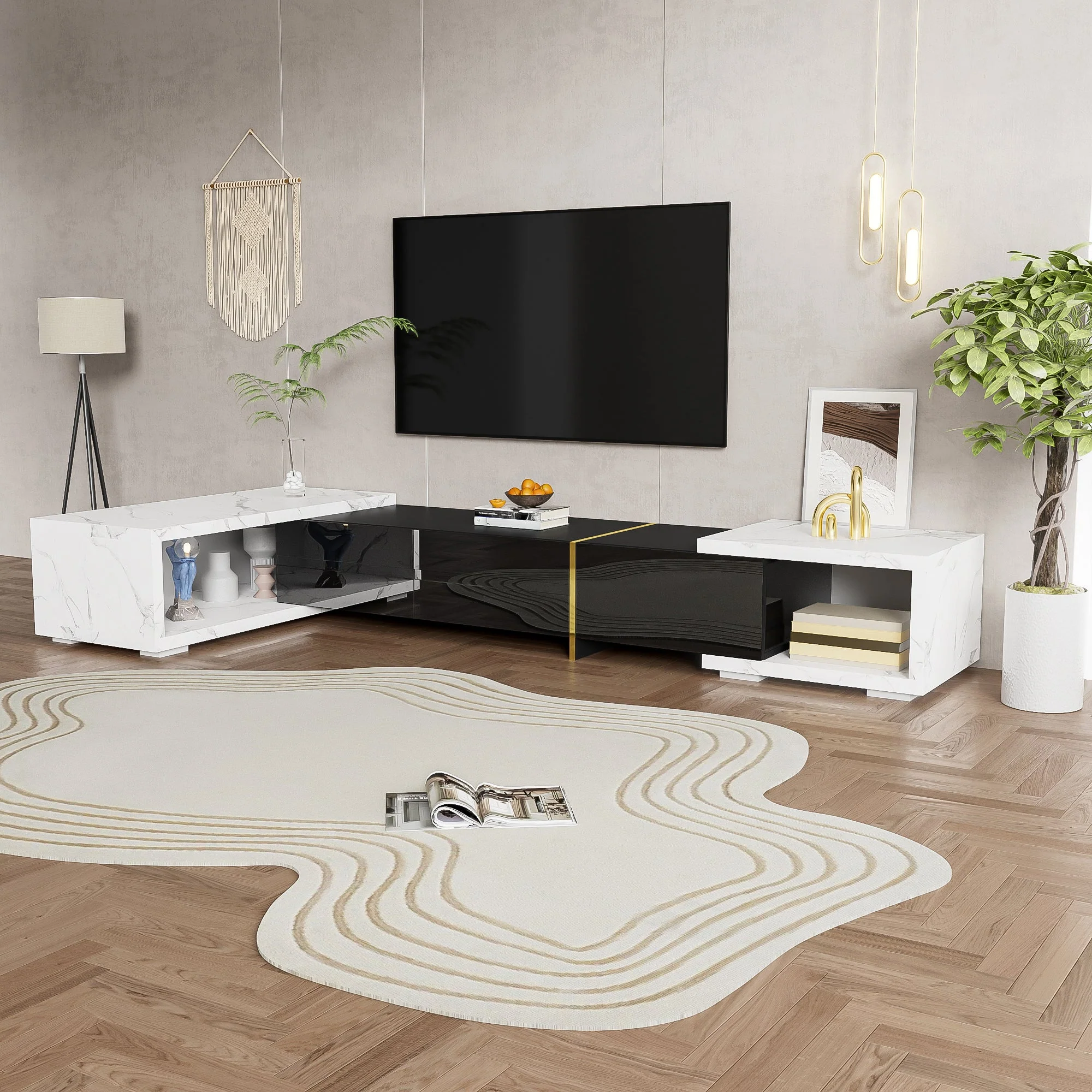 Modern TV Cabinet, Variable Length (140-260 cm) with Rotating Function, White Marble Look & Black High-Gloss Finish - Image 3