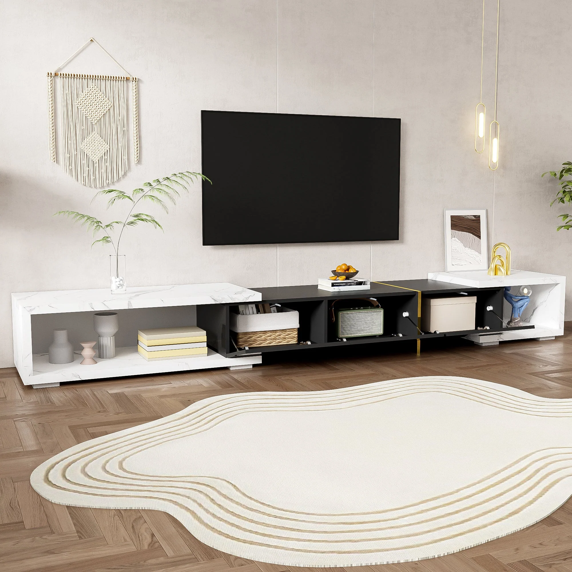 Modern TV Cabinet, Variable Length (140-260 cm) with Rotating Function, White Marble Look & Black High-Gloss Finish - Image 4