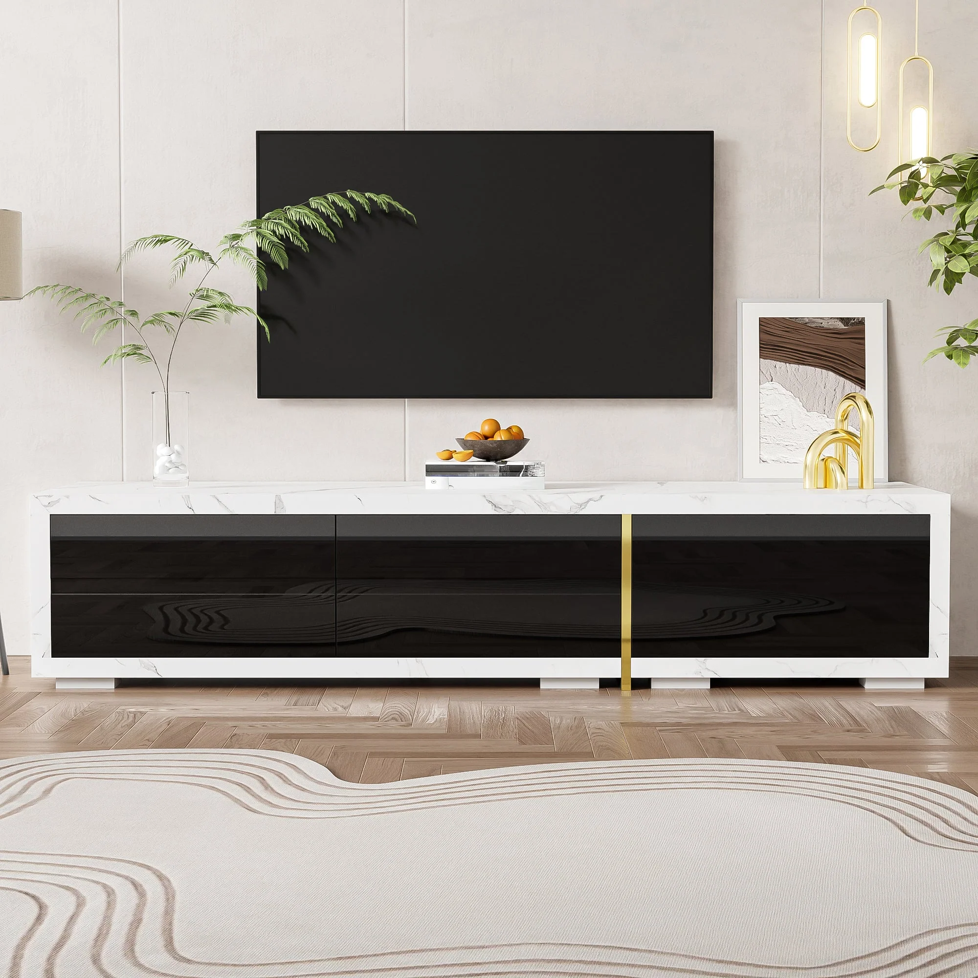 Modern TV Cabinet, Variable Length (140-260 cm) with Rotating Function, White Marble Look & Black High-Gloss Finish - Image 5
