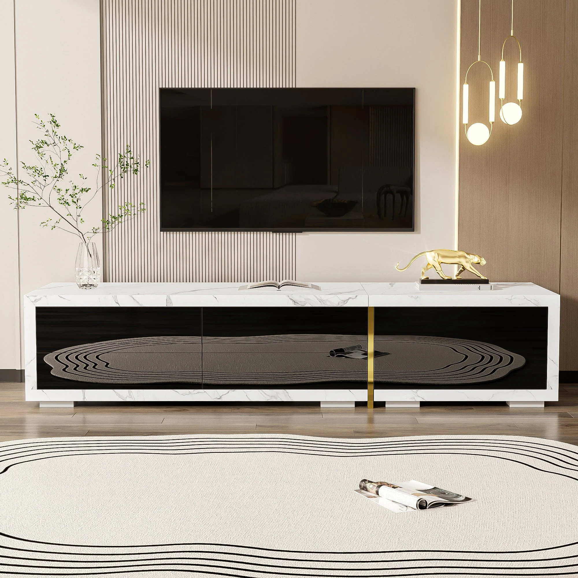 Modern TV Cabinet, Variable Length (140-260 cm) with Rotating Function, White Marble Look & Black High-Gloss Finish - Image 9