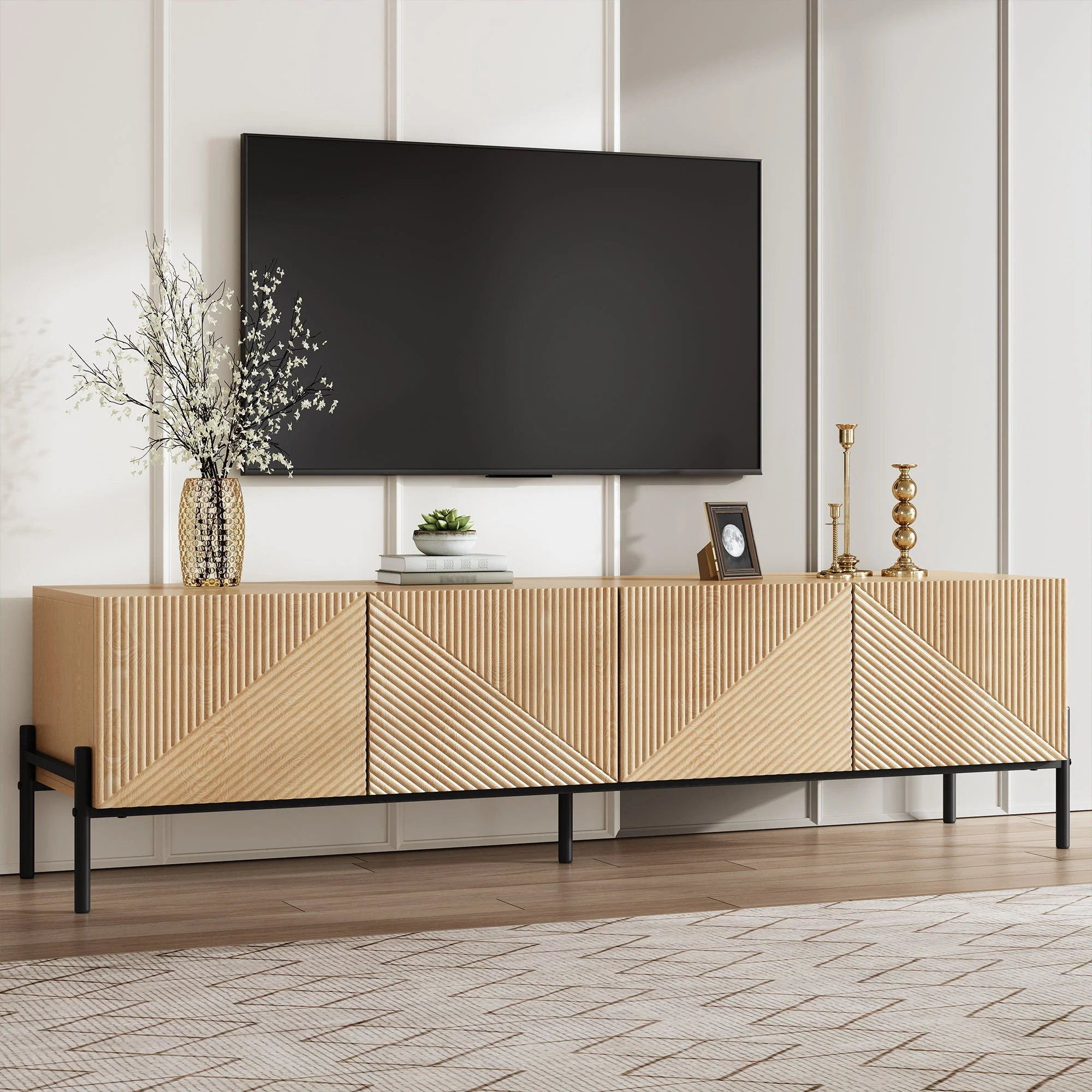 Modern TV Cabinet with 4-Door Storage and 3D Geometric Design, 160cm, Wood and Metal - Image 3