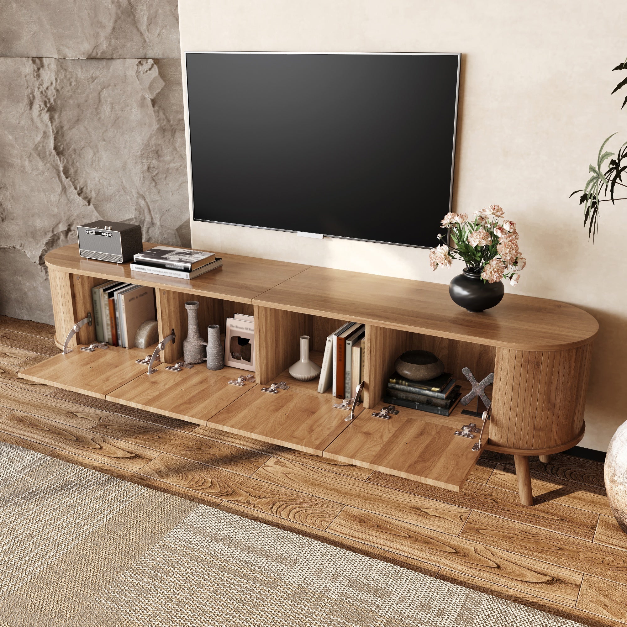 Modern TV Cabinet with 4 Doors and Gold Handles, Oak finish - Image 10