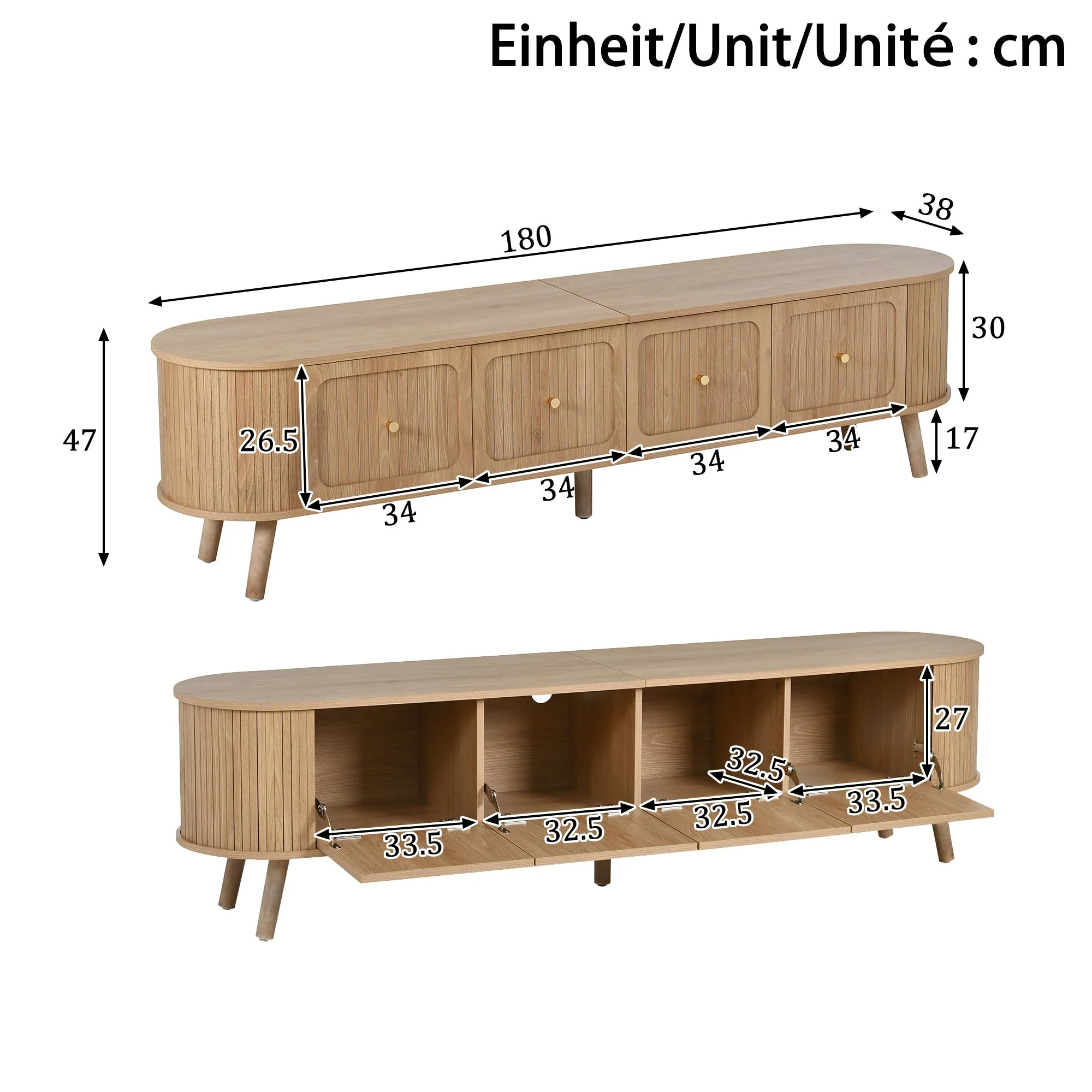 Modern TV Cabinet with 4 Doors and Gold Handles, Oak finish - Image 3
