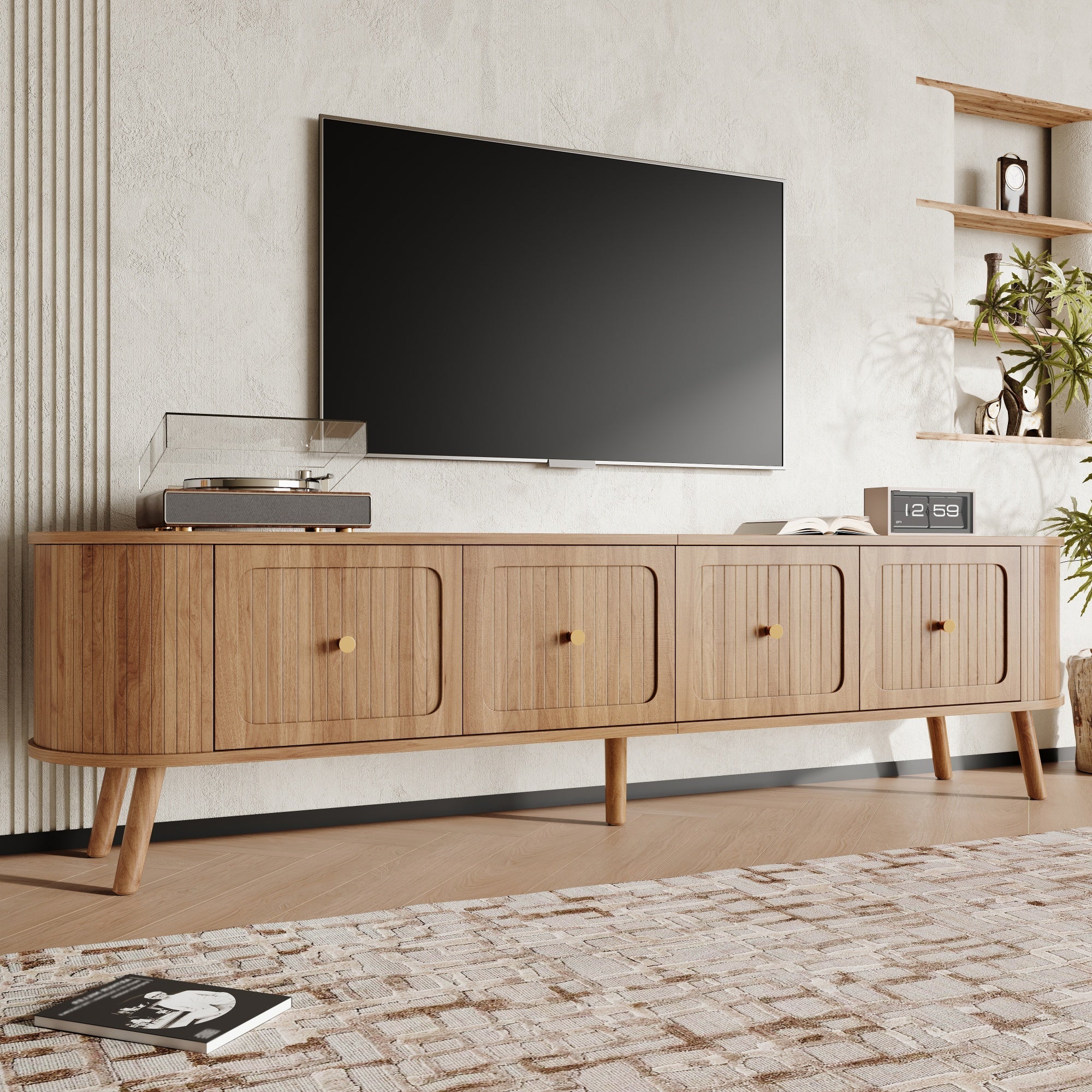 Modern TV Cabinet with 4 Doors and Gold Handles, Oak finish - Image 4