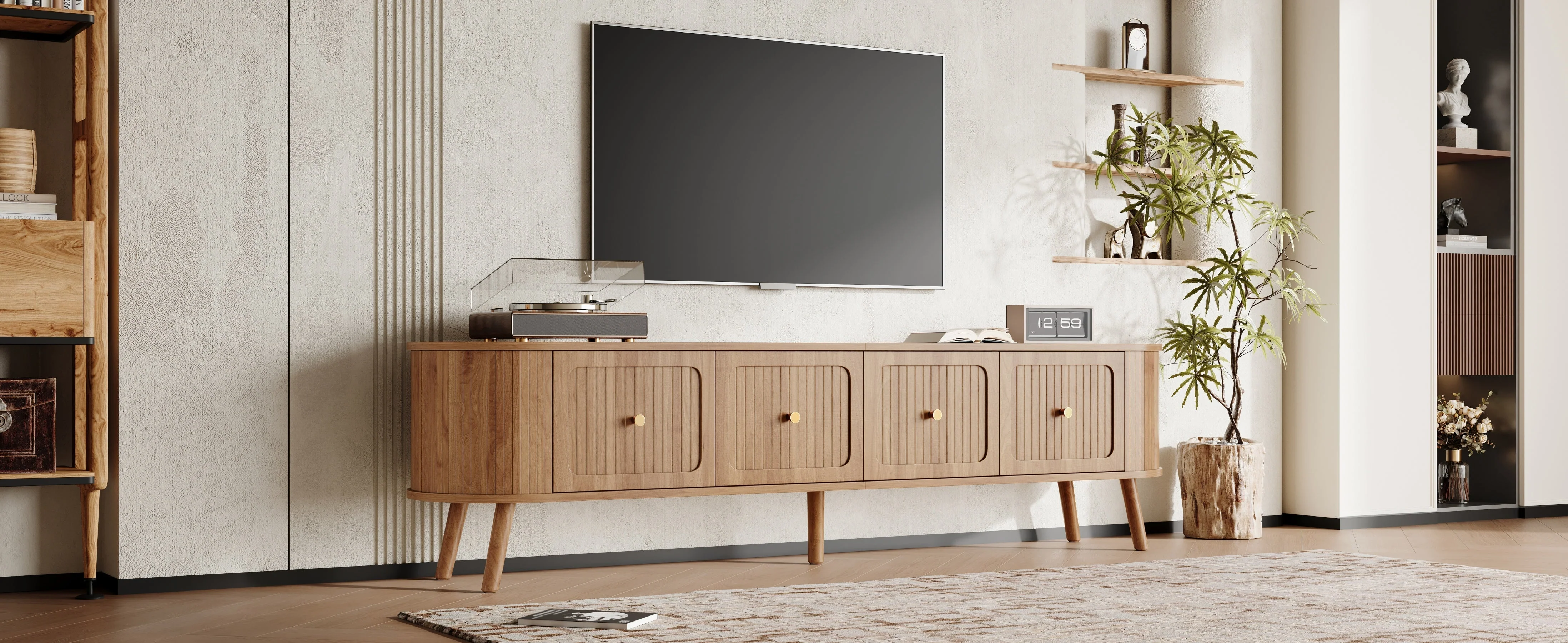 Modern TV Cabinet with 4 Doors and Gold Handles, Oak finish - Image 7