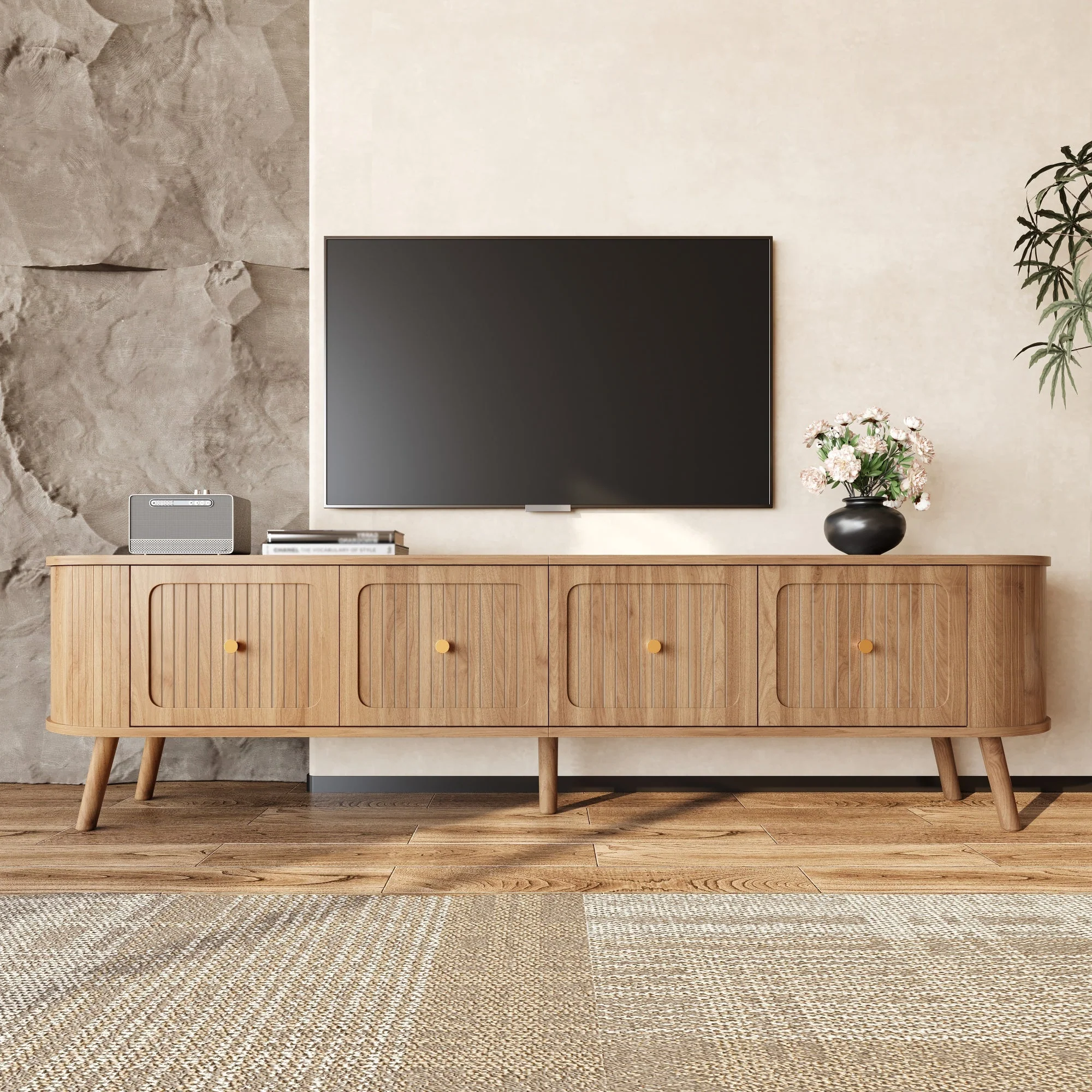 Modern TV Cabinet with 4 Doors and Gold Handles, Oak finish - Image 8