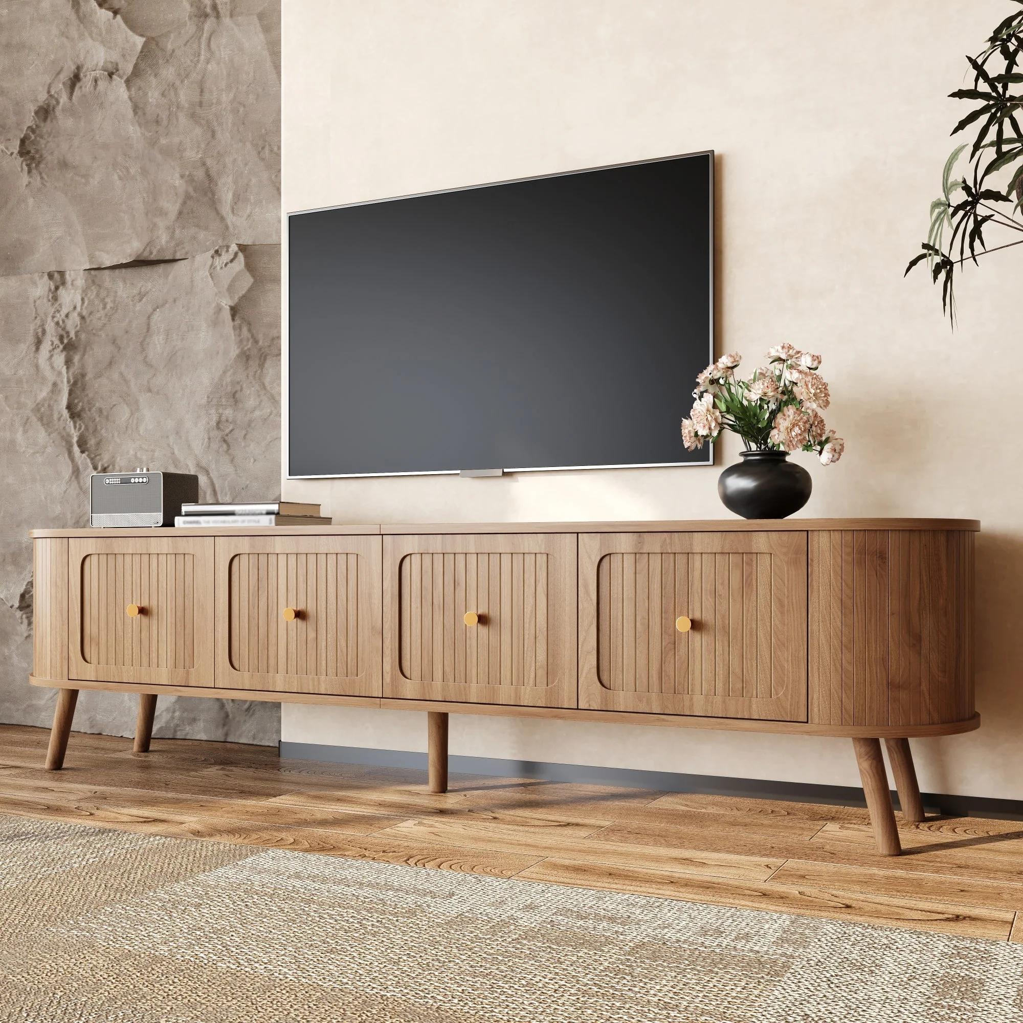 Modern TV Cabinet with 4 Doors and Gold Handles, Oak finish - Image 9
