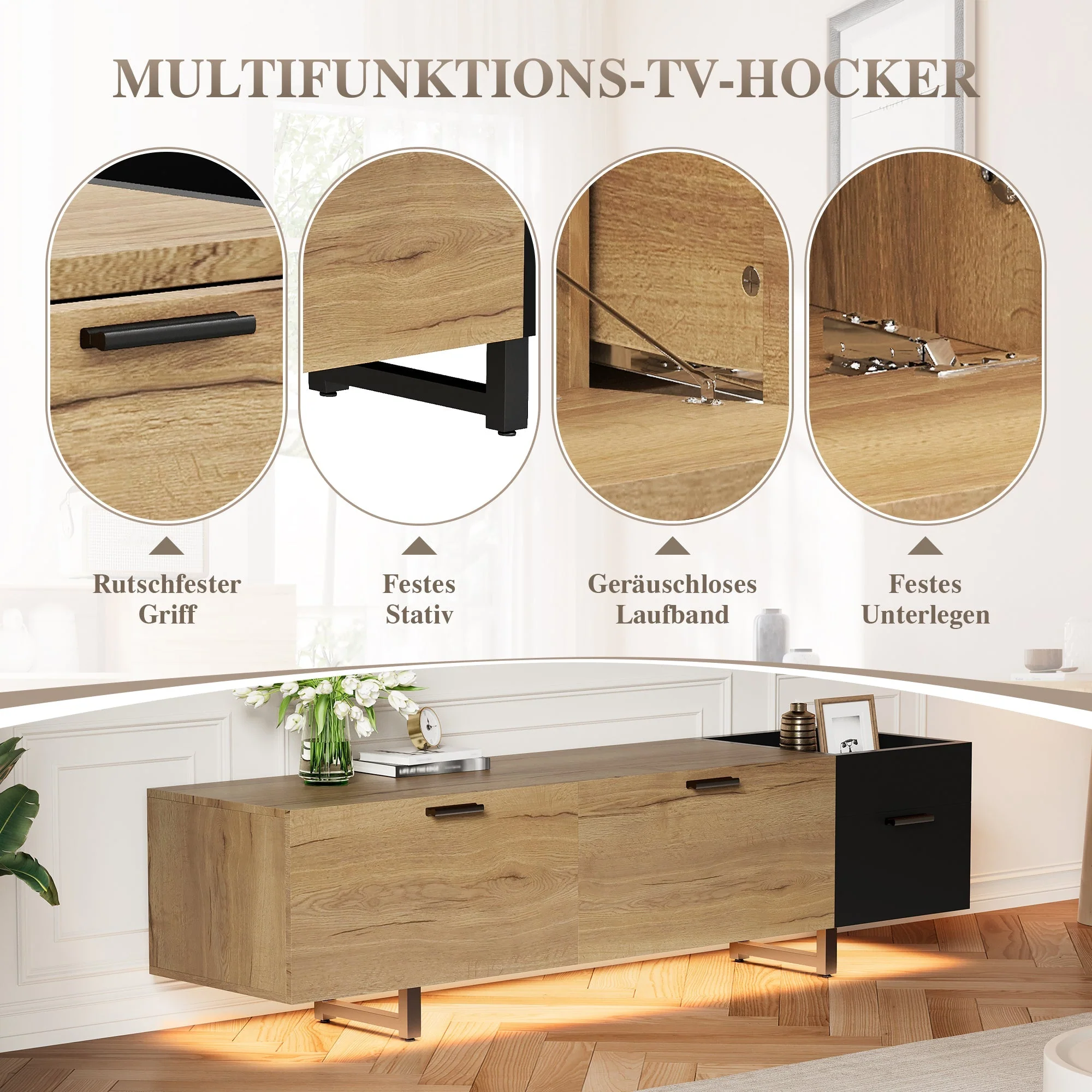 Modern TV Cabinet with Drawers and Open Compartments, Wood and Black - Image 5