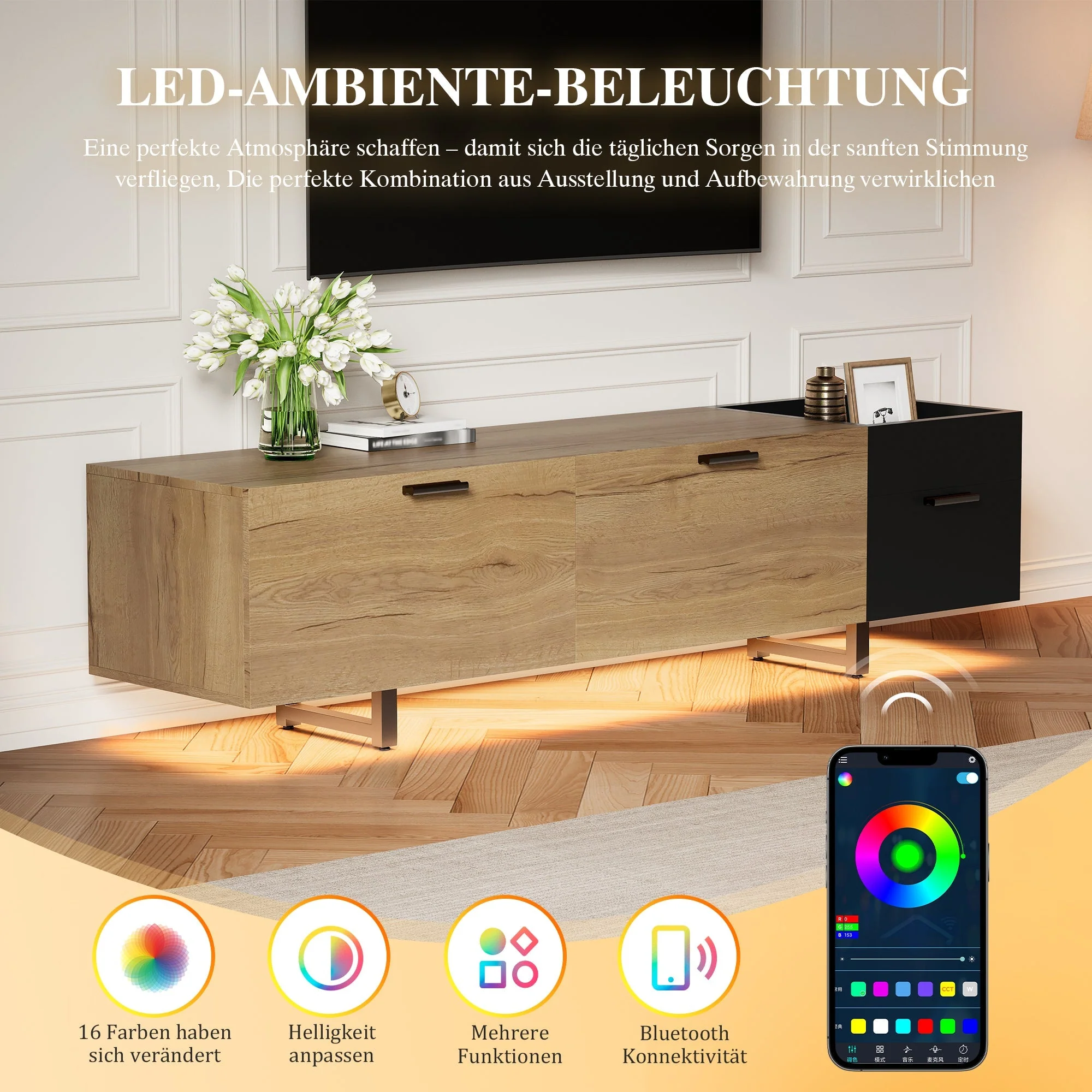 Modern TV Cabinet with Drawers and Open Compartments, Wood and Black - Image 7