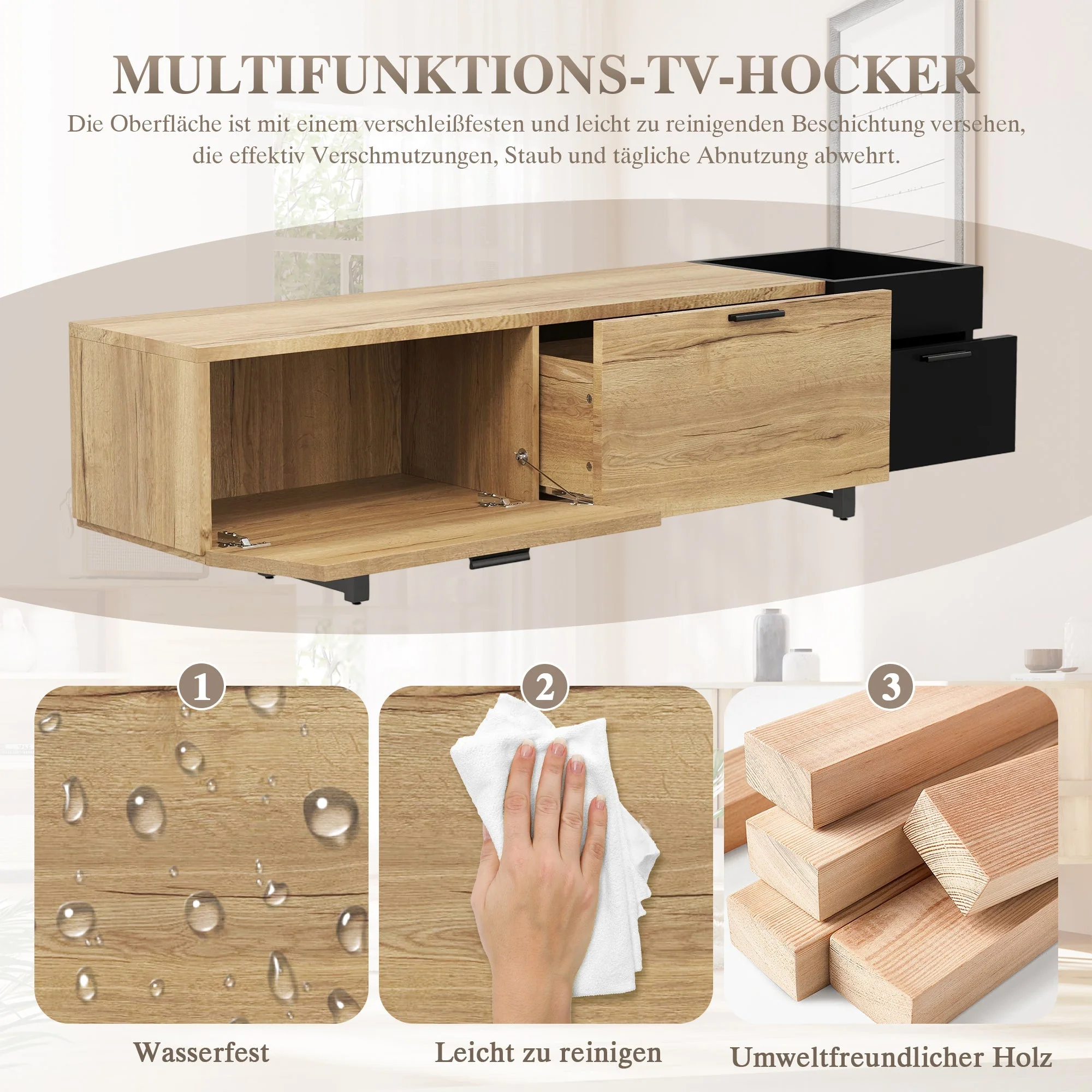 Modern TV Cabinet with Drawers and Open Compartments, Wood and Black - Image 9