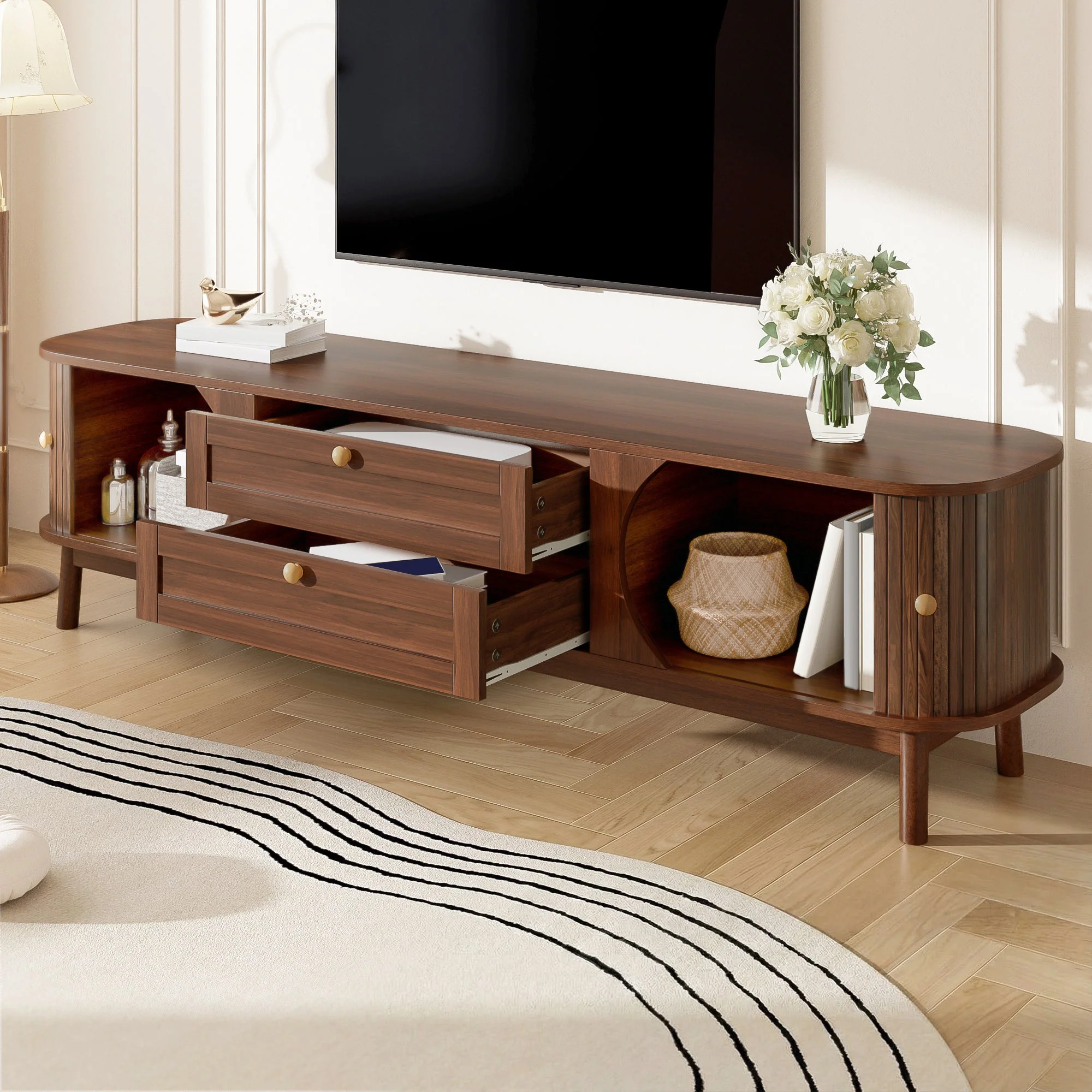 Modern TV Cabinet with Drawers, Storage, & Rounded Corners, Wood Look - Image 4