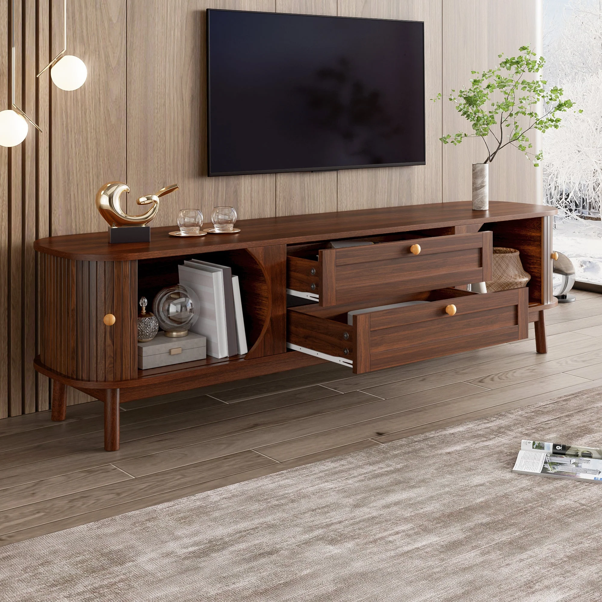 Modern TV Cabinet with Drawers, Storage, & Rounded Corners, Wood Look - Image 9