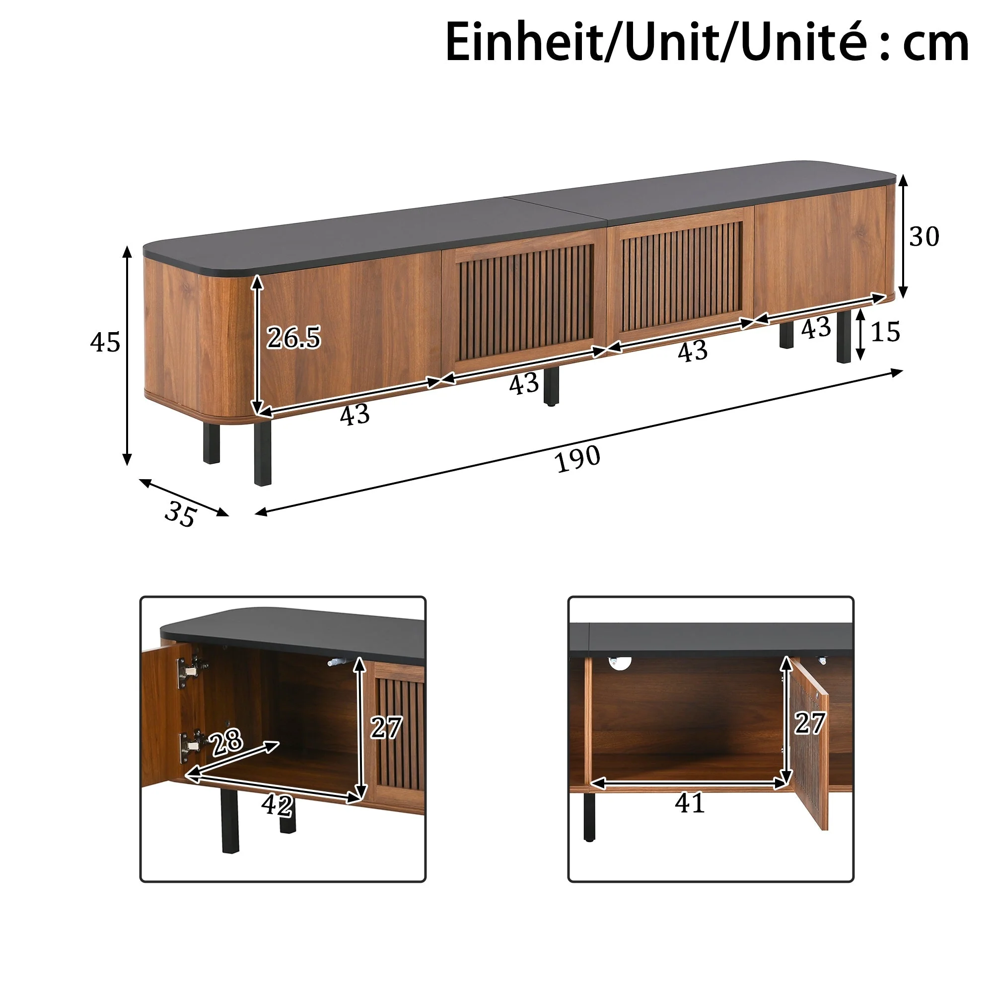 Modern TV Cabinet with Gitter Doors and Storage, Black and Walnut Wood - Image 4