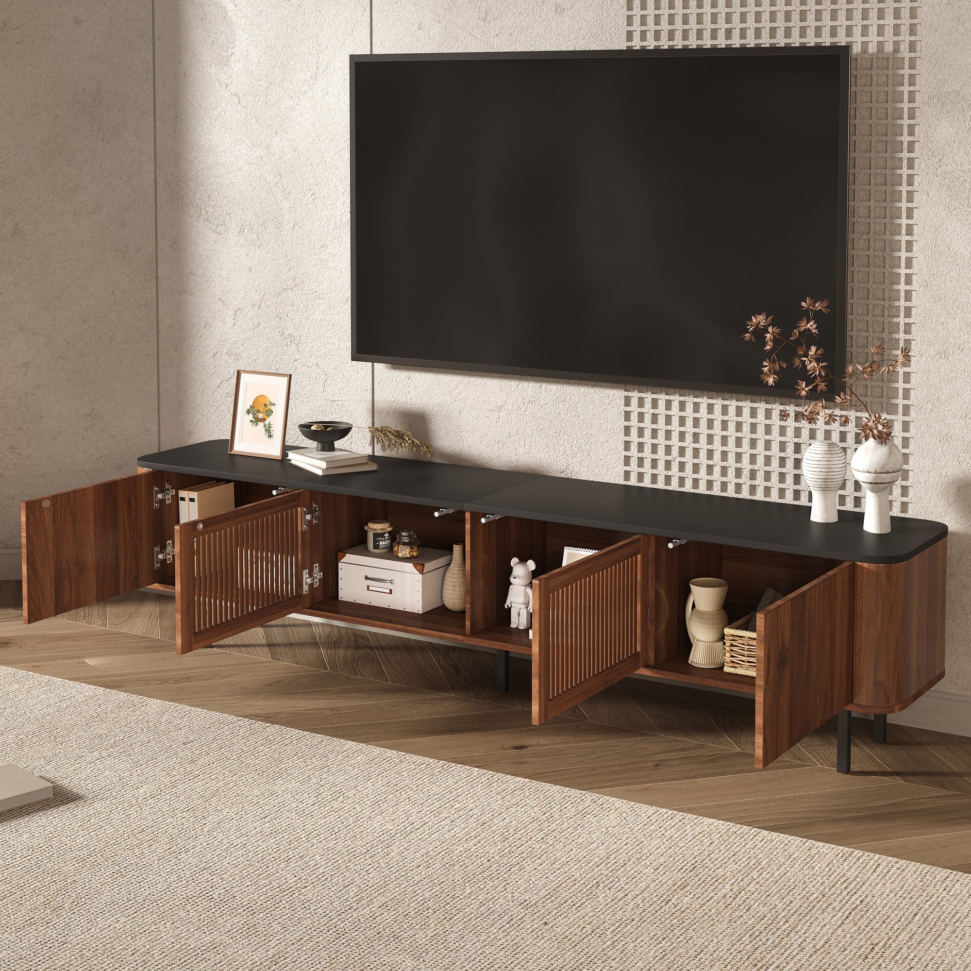 Modern TV Cabinet with Gitter Doors and Storage, Black and Walnut Wood - Image 6