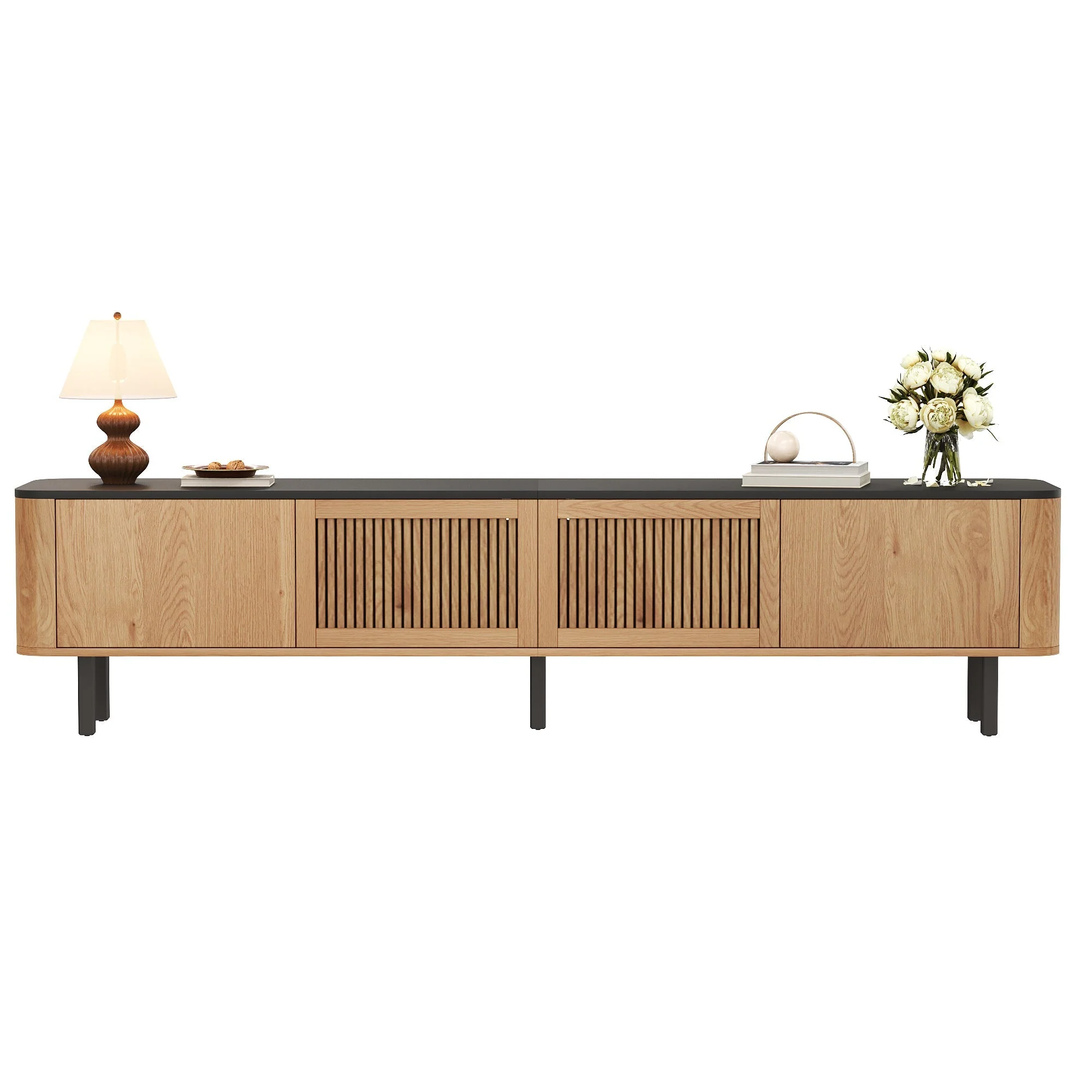 Modern TV Cabinet with Mesh Doors and Storage Compartments, Black and Oak finish - Image 2