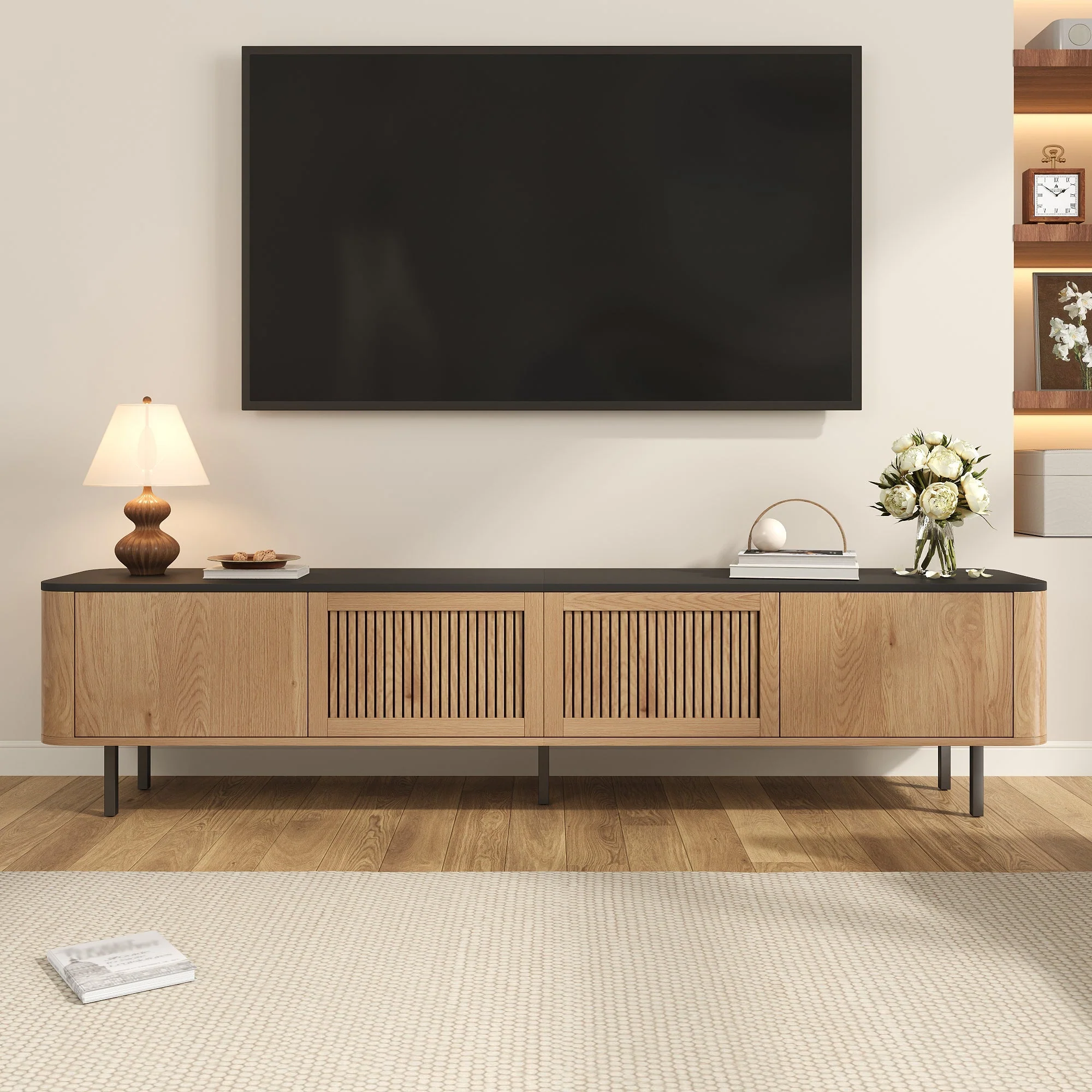 Modern TV Cabinet with Mesh Doors and Storage Compartments, Black and Oak finish - Image 8