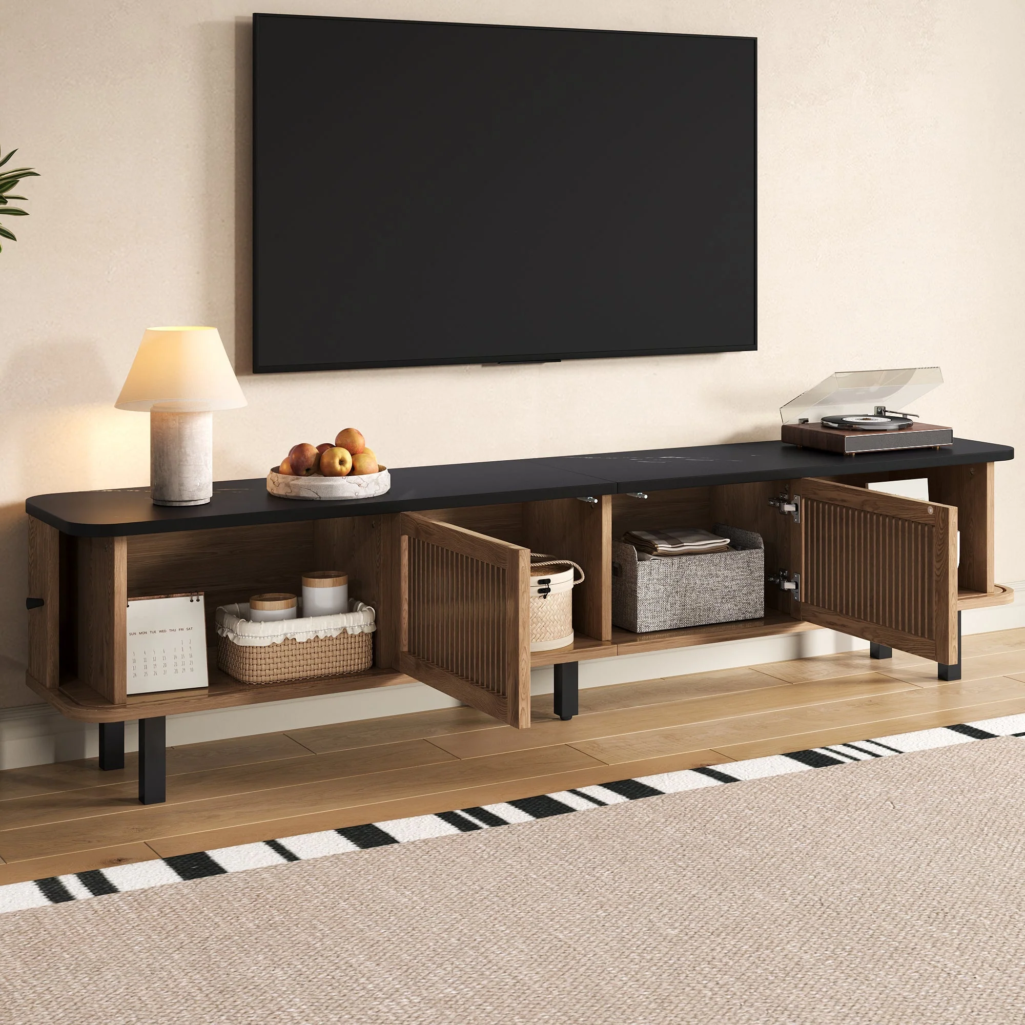 Modern TV Cabinet with Sliding Mesh Doors and Unique Design, Oak Wood Look - Image 10