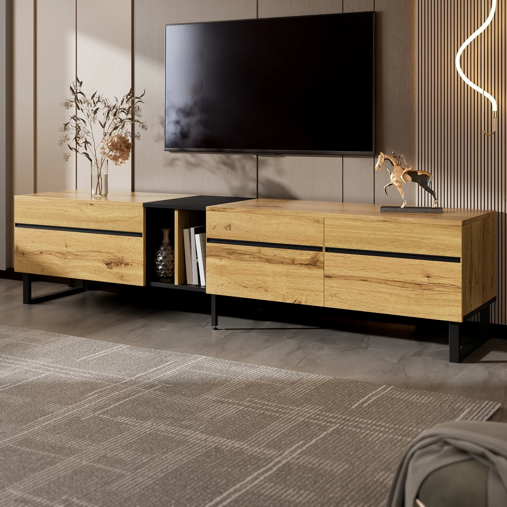 Modern TV Lowboard 180cm Drop-Down Open Shelves Double Doors