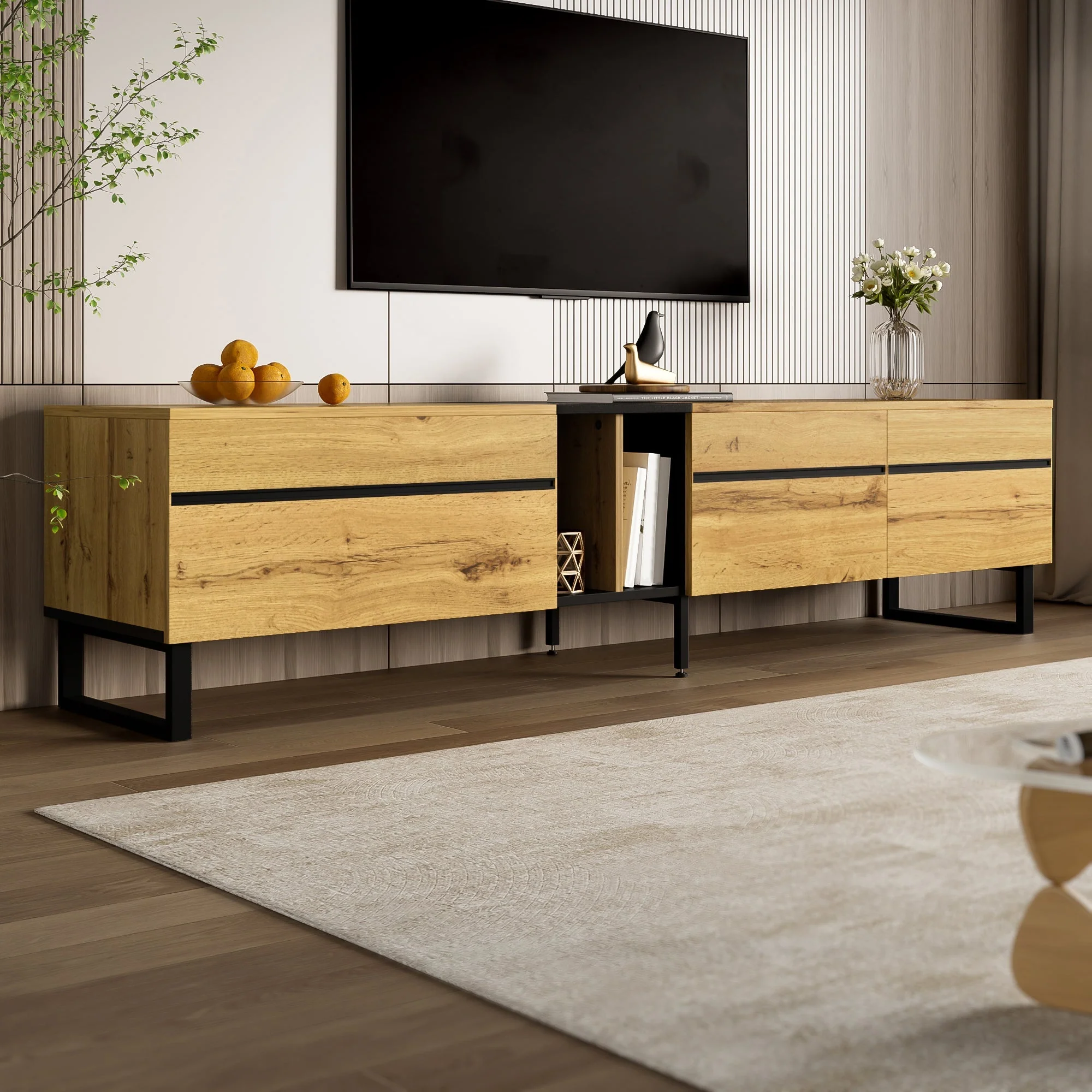 Modern TV Lowboard 180cm Drop-Down Open Shelves Double Doors - Image 7