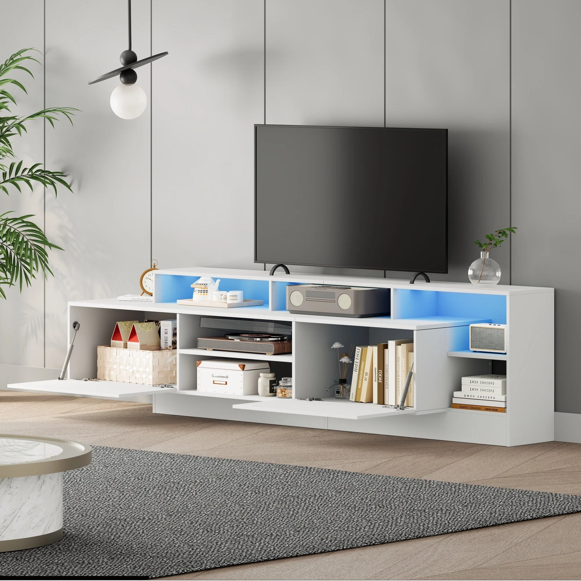 Modern TV Lowboard 190cm LED Open Storage for 70" TV - High-Gloss - Image 5