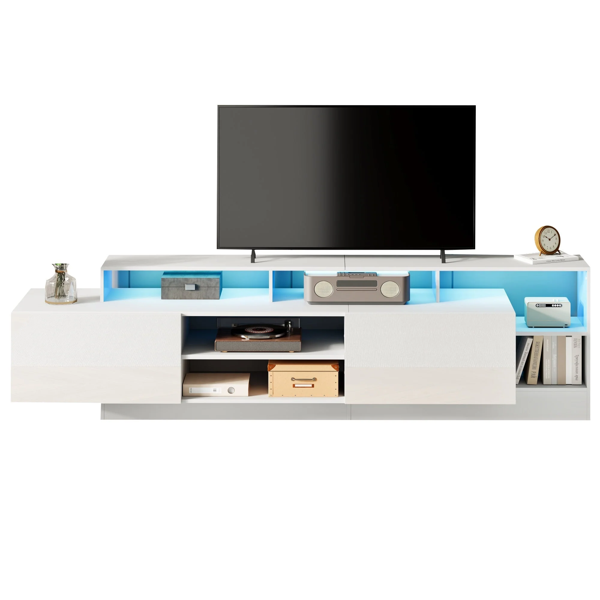 Modern TV Lowboard 190cm LED Open Storage for 70" TV - High-Gloss - Image 8