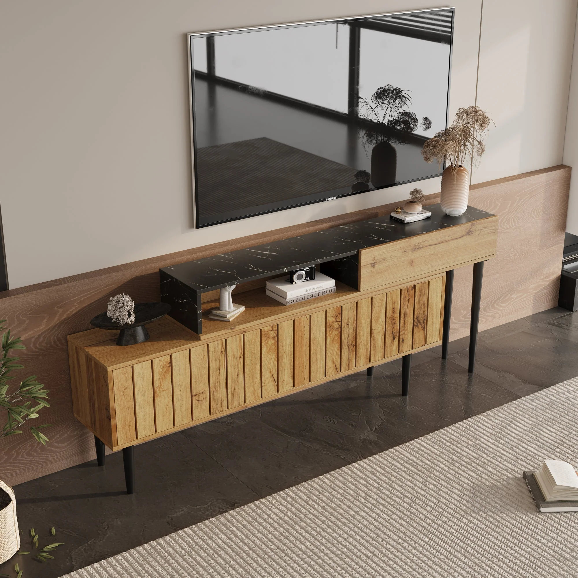 Modern TV Stand, Marble & Wood Grain Design, Dark Wood Color - Image 2