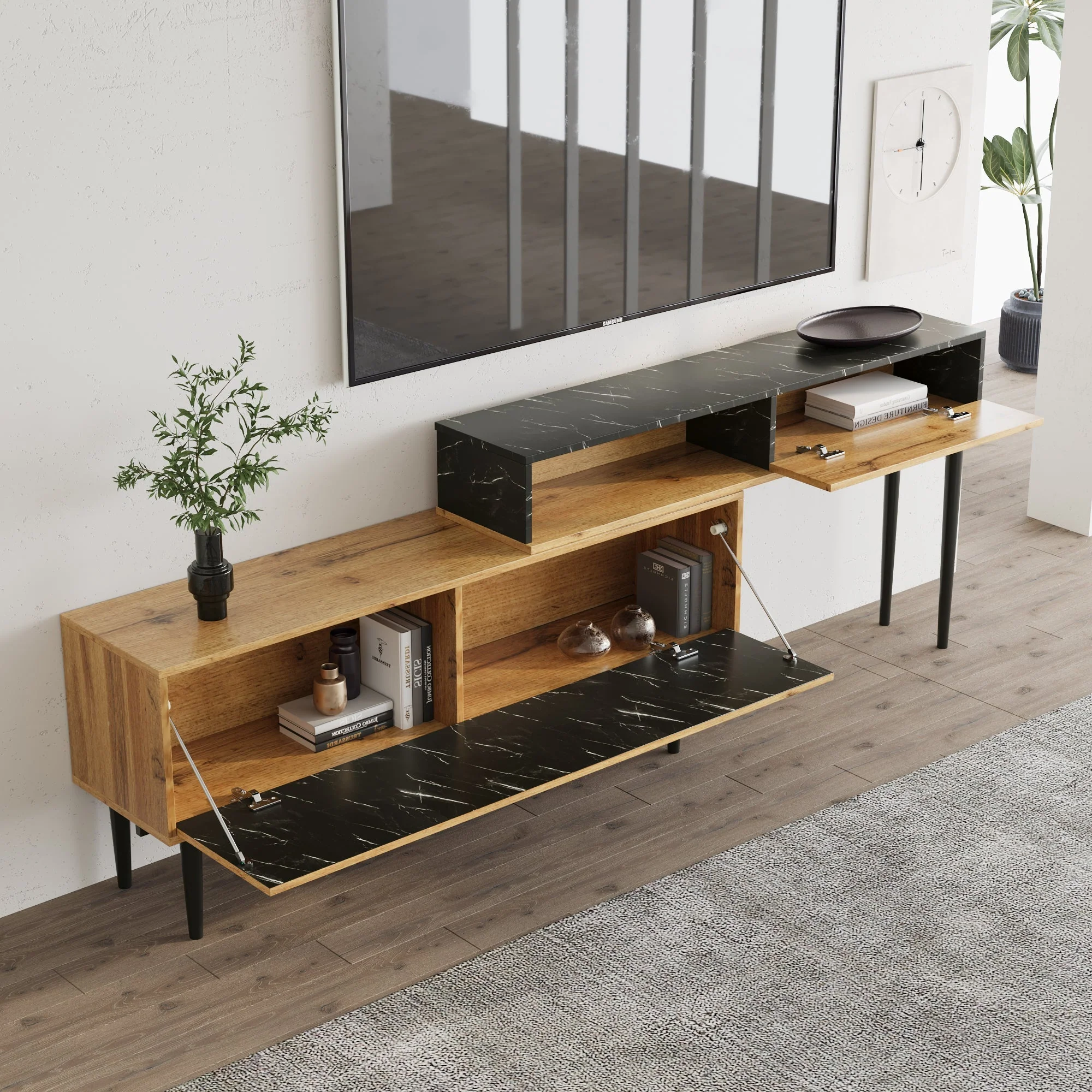 Modern TV Stand, Marble & Wood Grain Design, Dark Wood Color - Image 3
