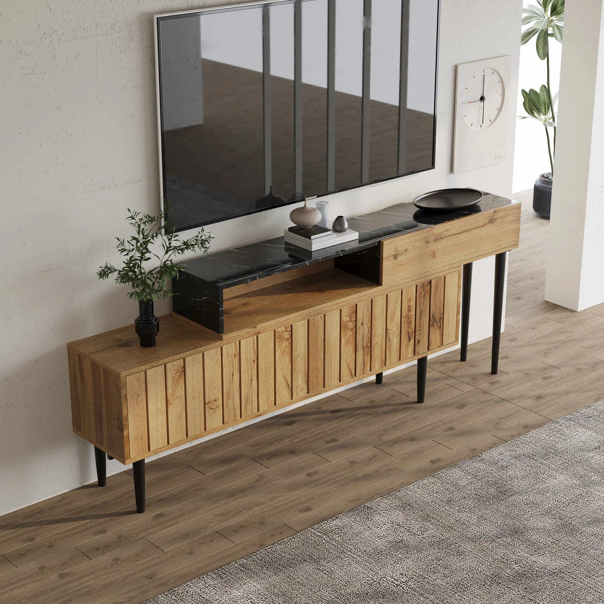 Modern TV Stand, Marble & Wood Grain Design, Dark Wood Color - Image 4