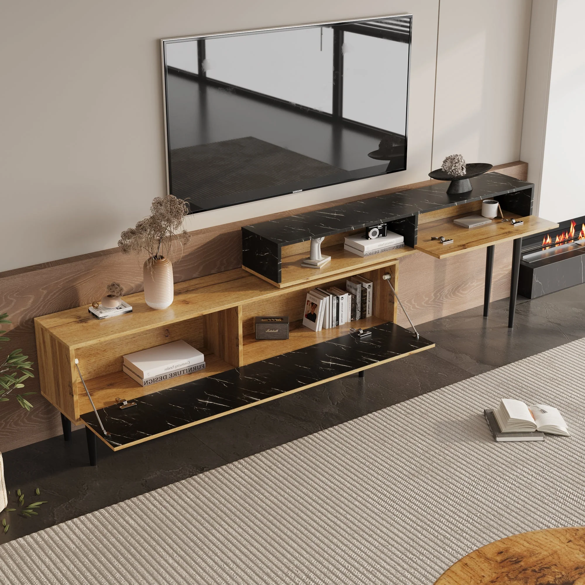 Modern TV Stand, Marble & Wood Grain Design, Dark Wood Color - Image 5