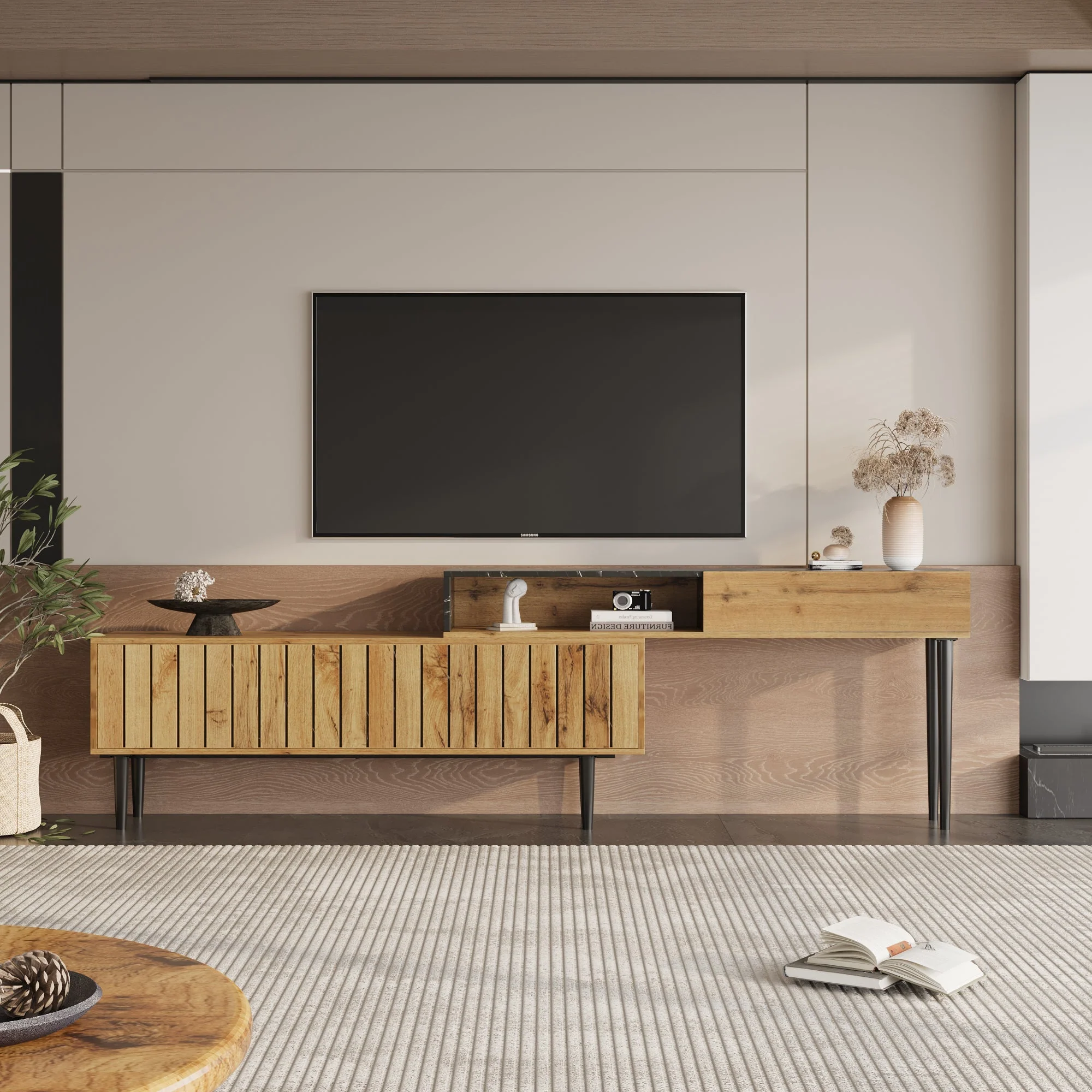 Modern TV Stand, Marble & Wood Grain Design, Dark Wood Color - Image 6