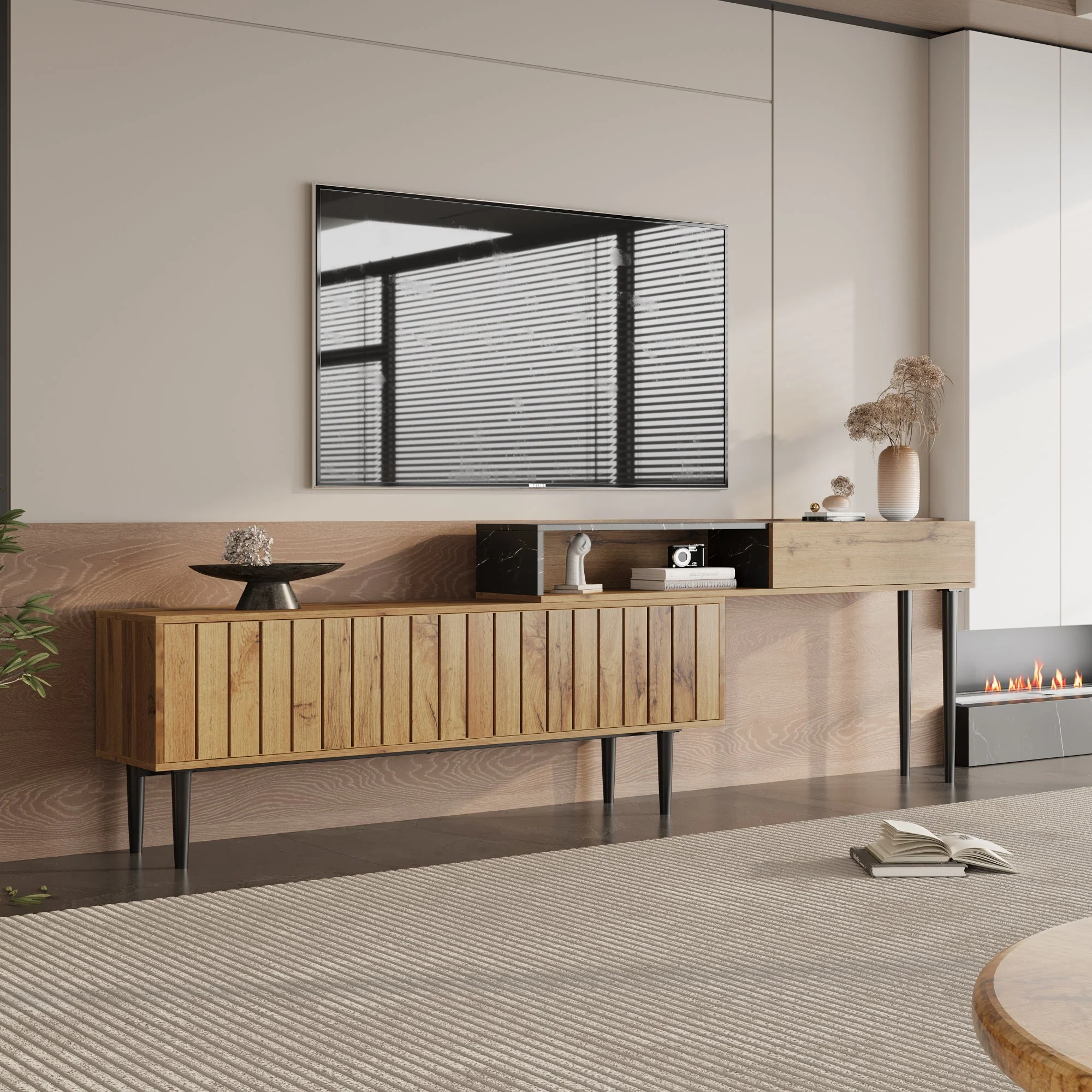 Modern TV Stand, Marble & Wood Grain Design, Dark Wood Color - Image 7