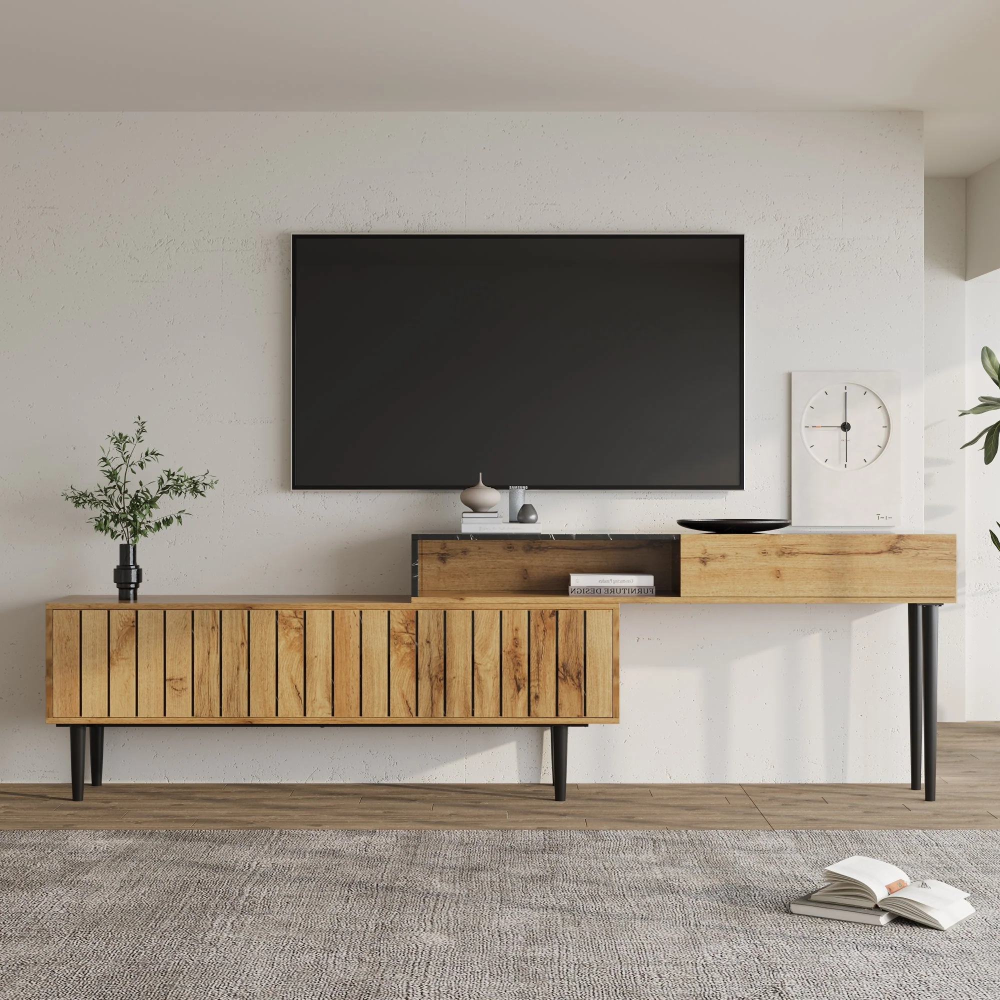 Modern TV Stand, Marble & Wood Grain Design, Dark Wood Color - Image 8