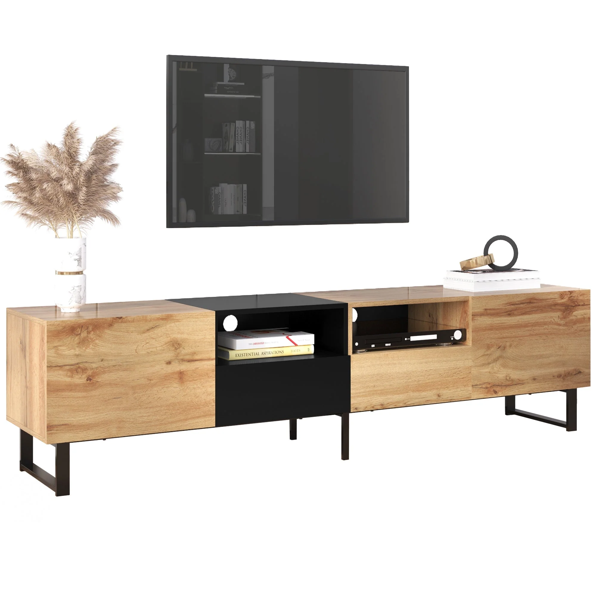 Modern TV Stand with Spacious Storage, Robust Construction, Black and Wood - Image 10