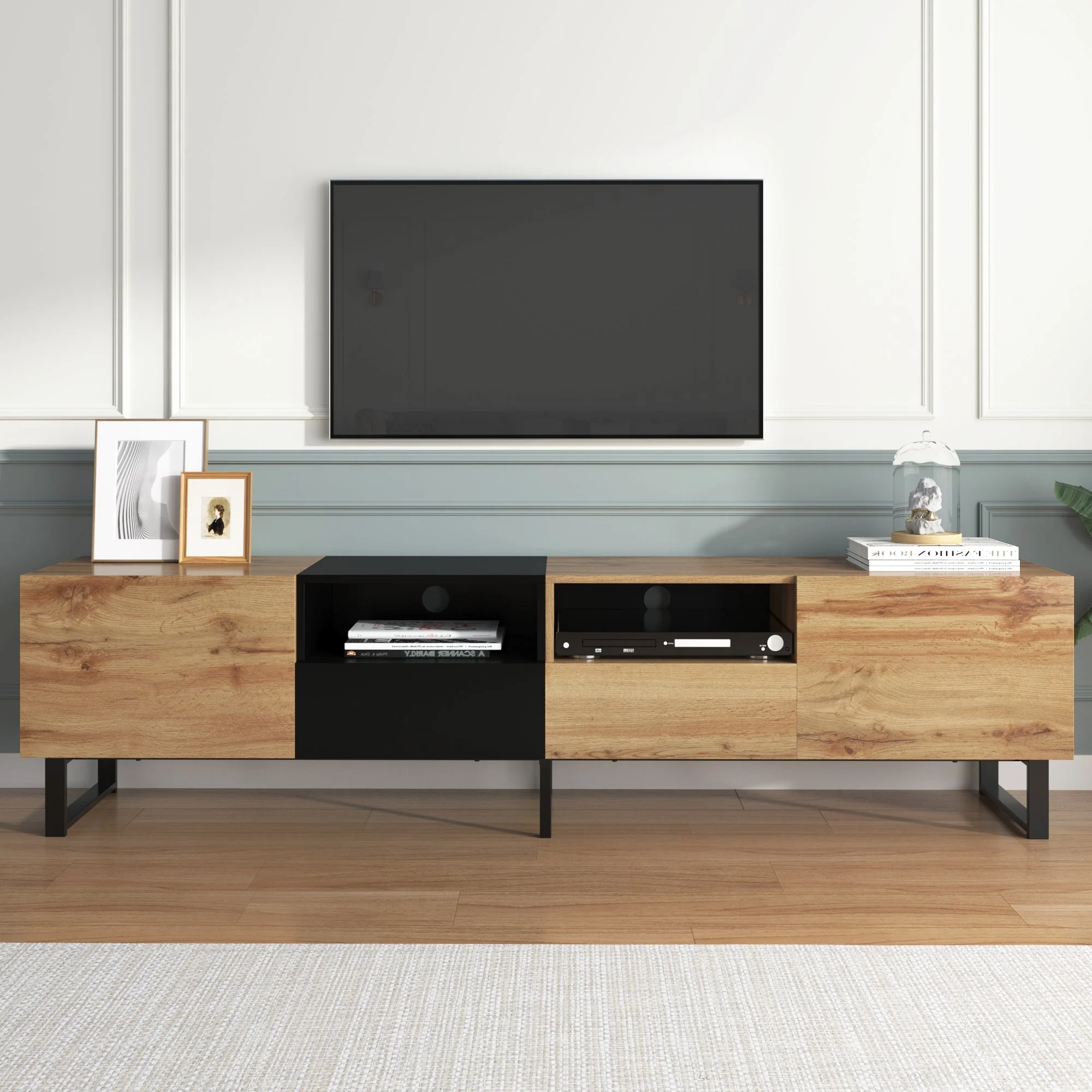 Modern TV Stand with Spacious Storage, Robust Construction, Black and Wood - Image 6