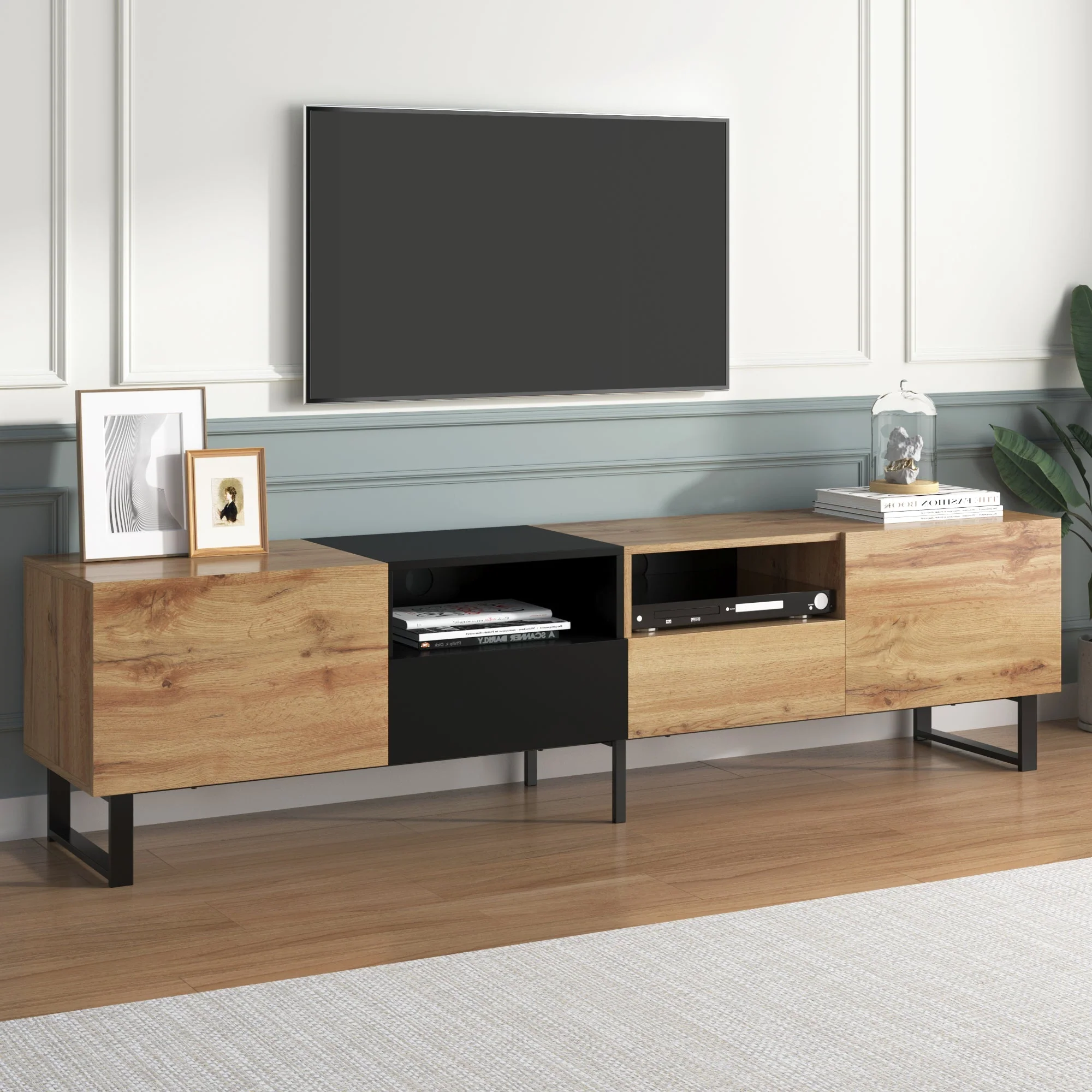 Modern TV Stand with Spacious Storage, Robust Construction, Black and Wood - Image 7