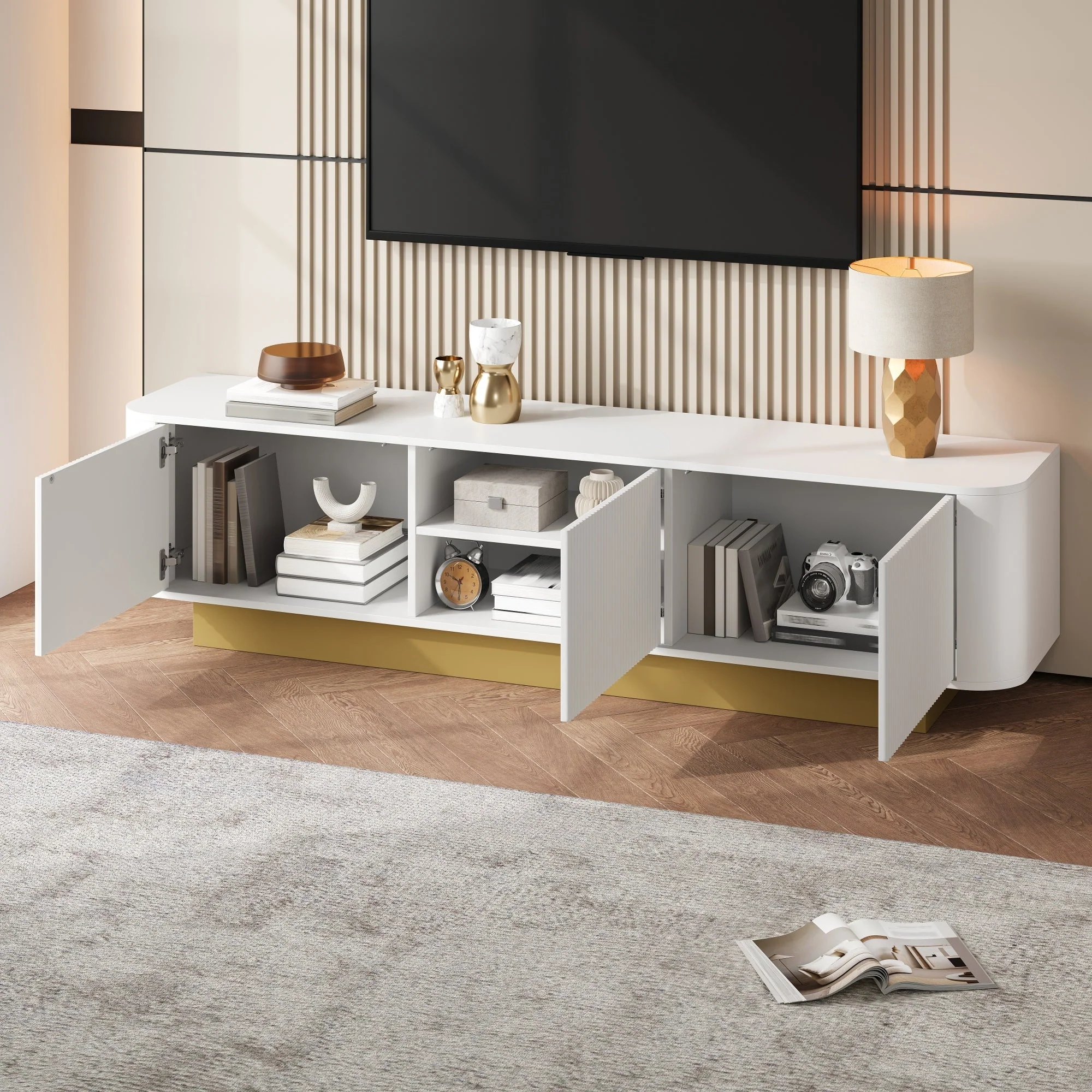 Modern TV Stand with Storage and Cable Management, Rounded Design, White - Image 5