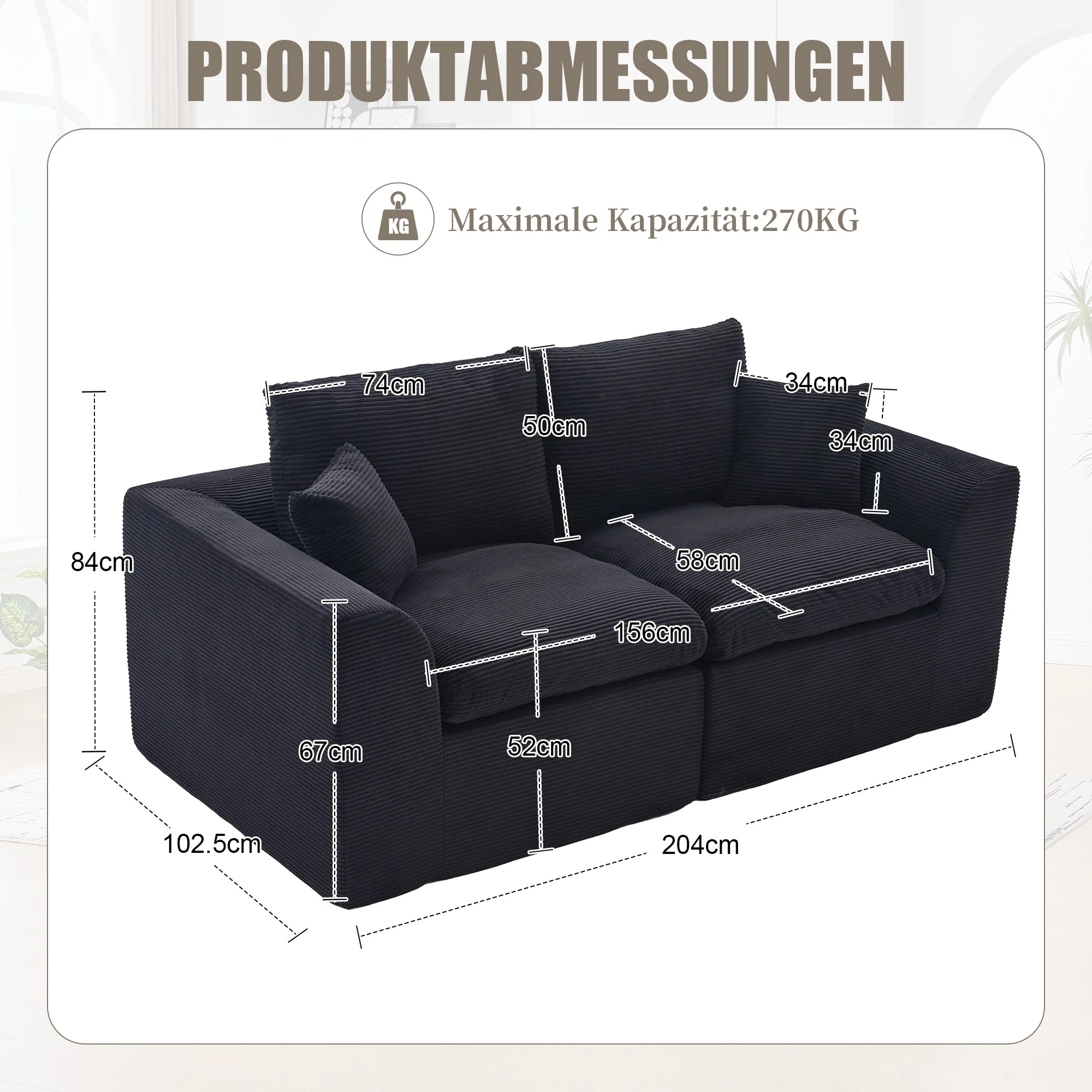 Modern Two-Seater Sofa, Nordic-Style Comfortable with Cushions, Fabric - Image 7