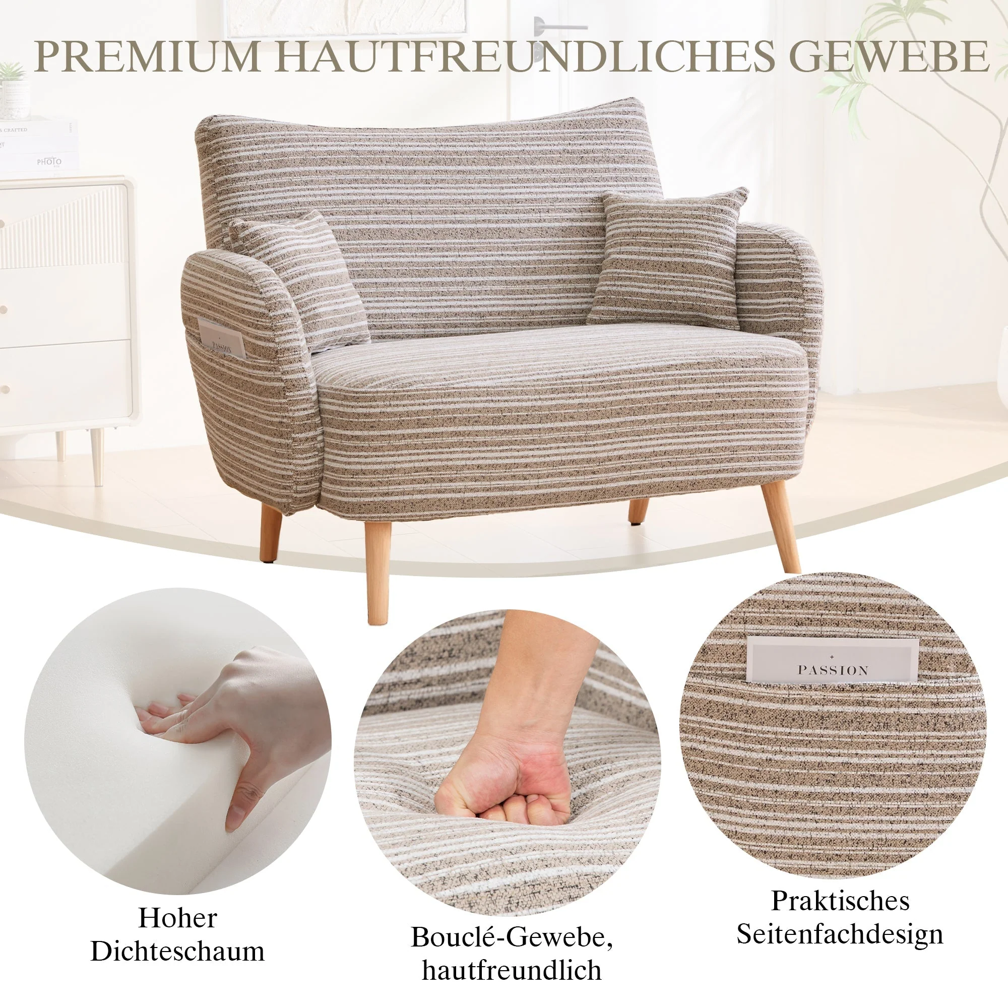 Modern Two-Seater Sofa with Armrest Cushions and Storage Bag, Loop Fabric - Image 12